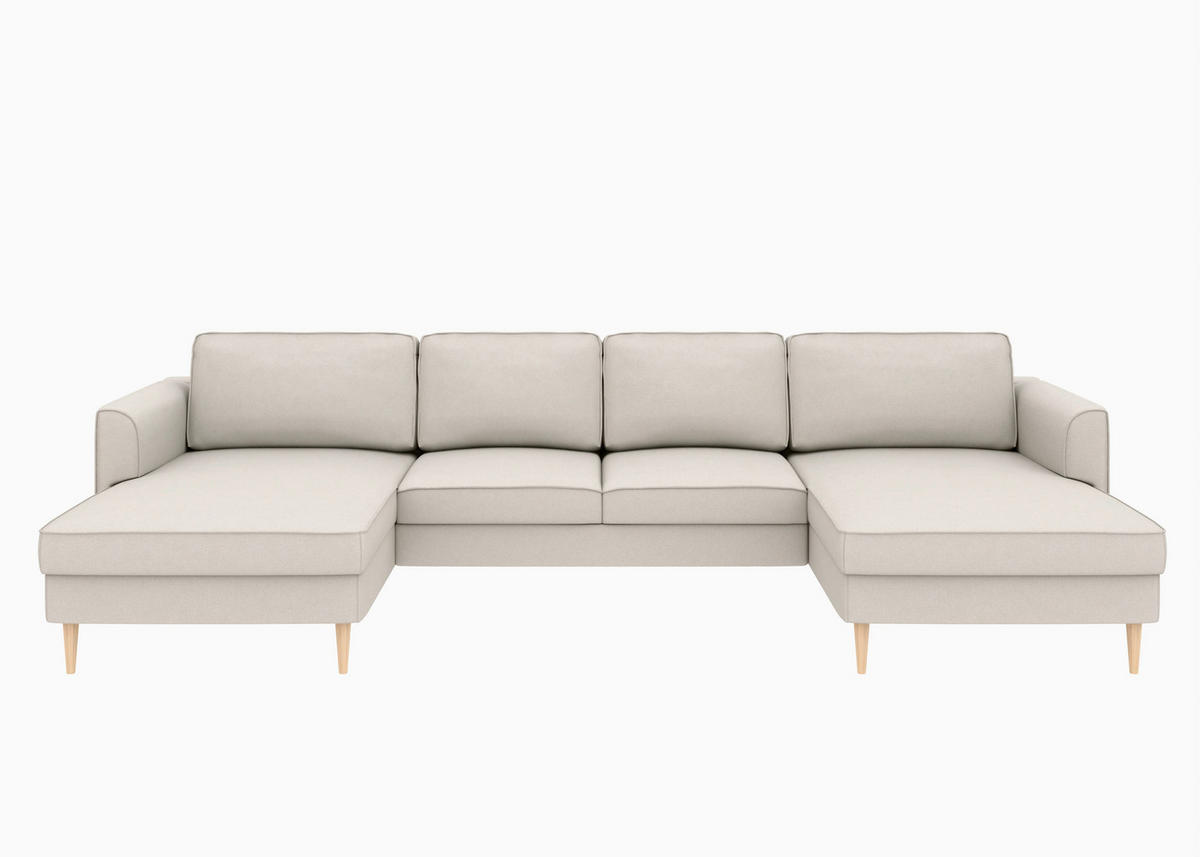 WOHNLANDSCHAFT Sandfarben Struktur  - Sandfarben/Buchefarben, MODERN, Holz/Textil (161/306/161cm) - Trendmanufaktur