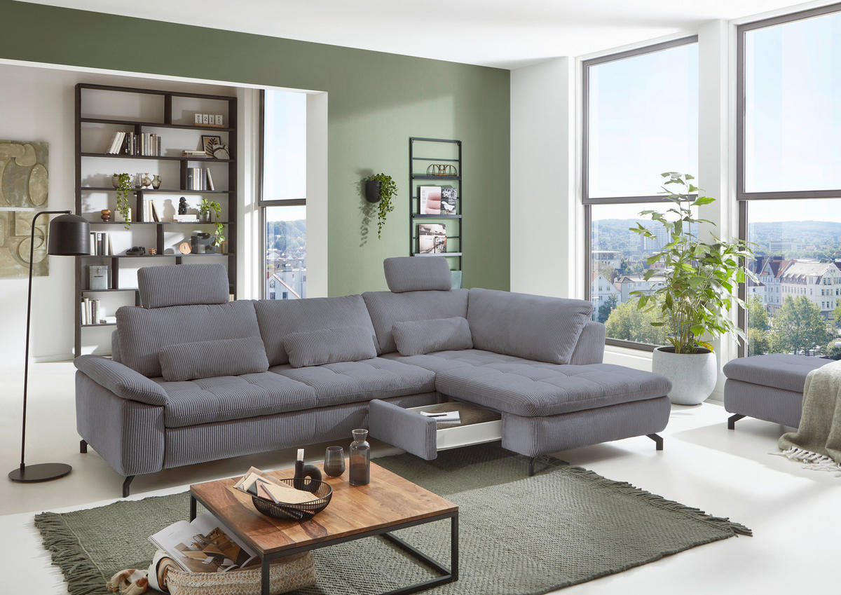 ECKSOFA in Cord, Velours Anthrazit  - Anthrazit/Schwarz, Design, Textil/Metall (291/197cm) - Beldomo Style