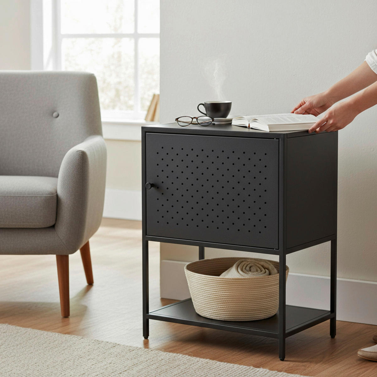 NACHTSCHRANK 45/60/30 cm, Schwarz,  - Schwarz/Grau, Design, Metall (45/60/30cm)