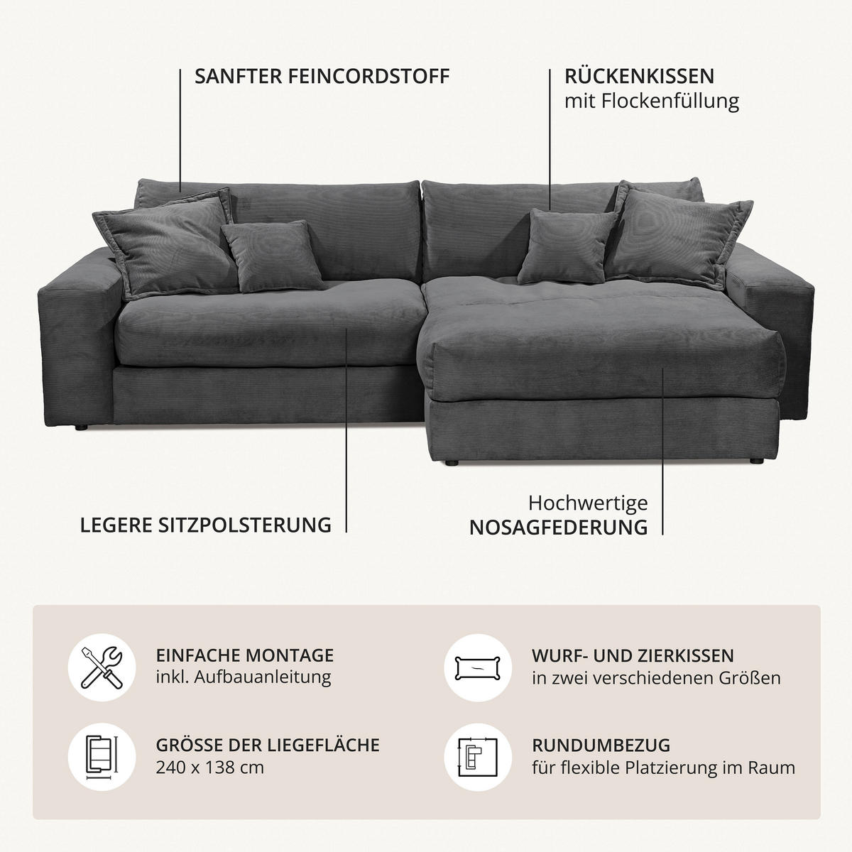ECKSCHLAFSOFA  KAMIL Grün Cord  - Schwarz/Grün, MODERN, Kunststoff/Textil (180/297cm) - P & B