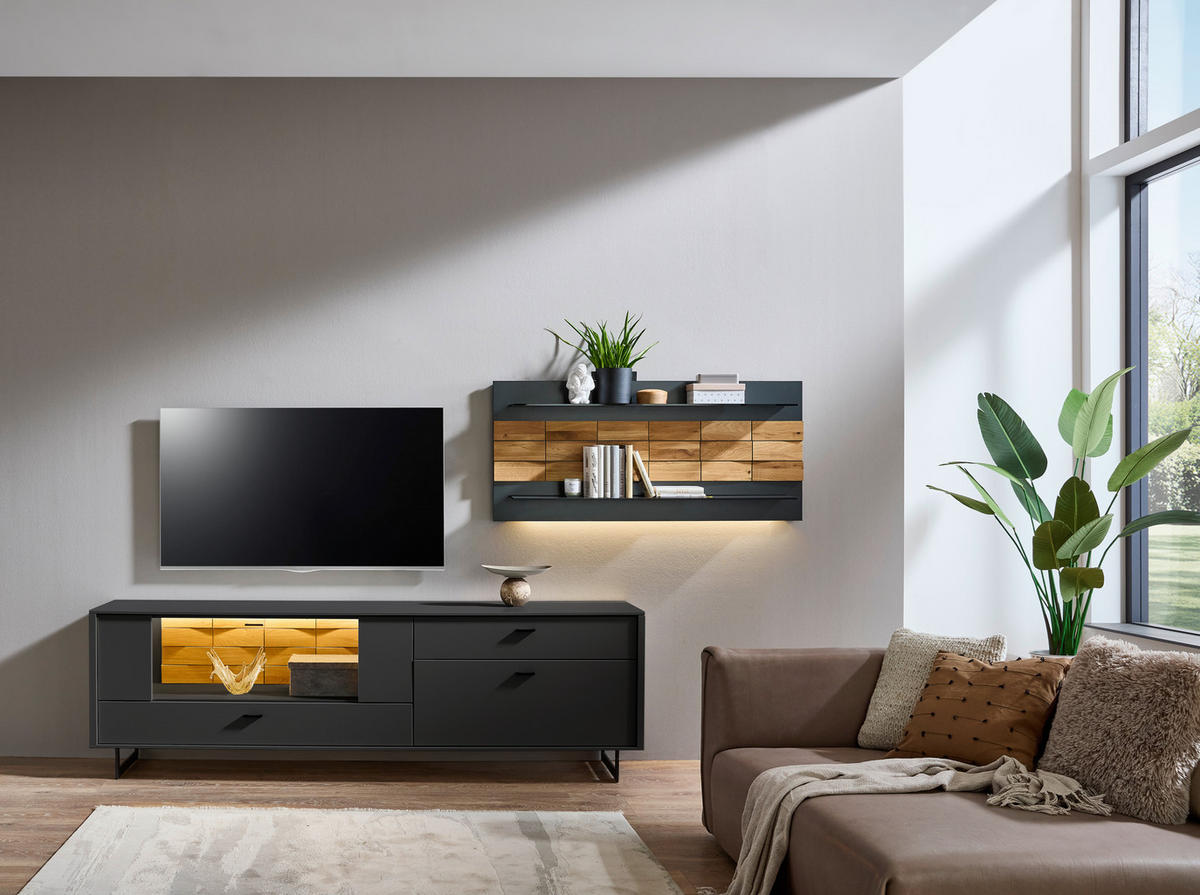 WOHNWAND  in Grau, Eichefarben  299,4/170,4/46,4 cm  - Eichefarben/Anthrazit, Design, Glas/Holz (299,4/170,4/46,4cm) - Novel