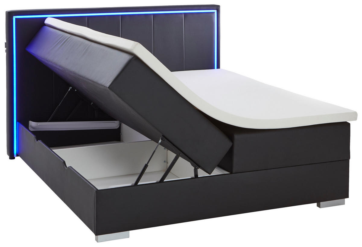 BOXSPRINGBETT 180/200 cm,  in Schwarz, Beleuchtung, Bettkasten, Topper, H3 + H3 = fest  - Silberfarben/Schwarz, Design, Holz/Textil (180/200cm) - Boxxx