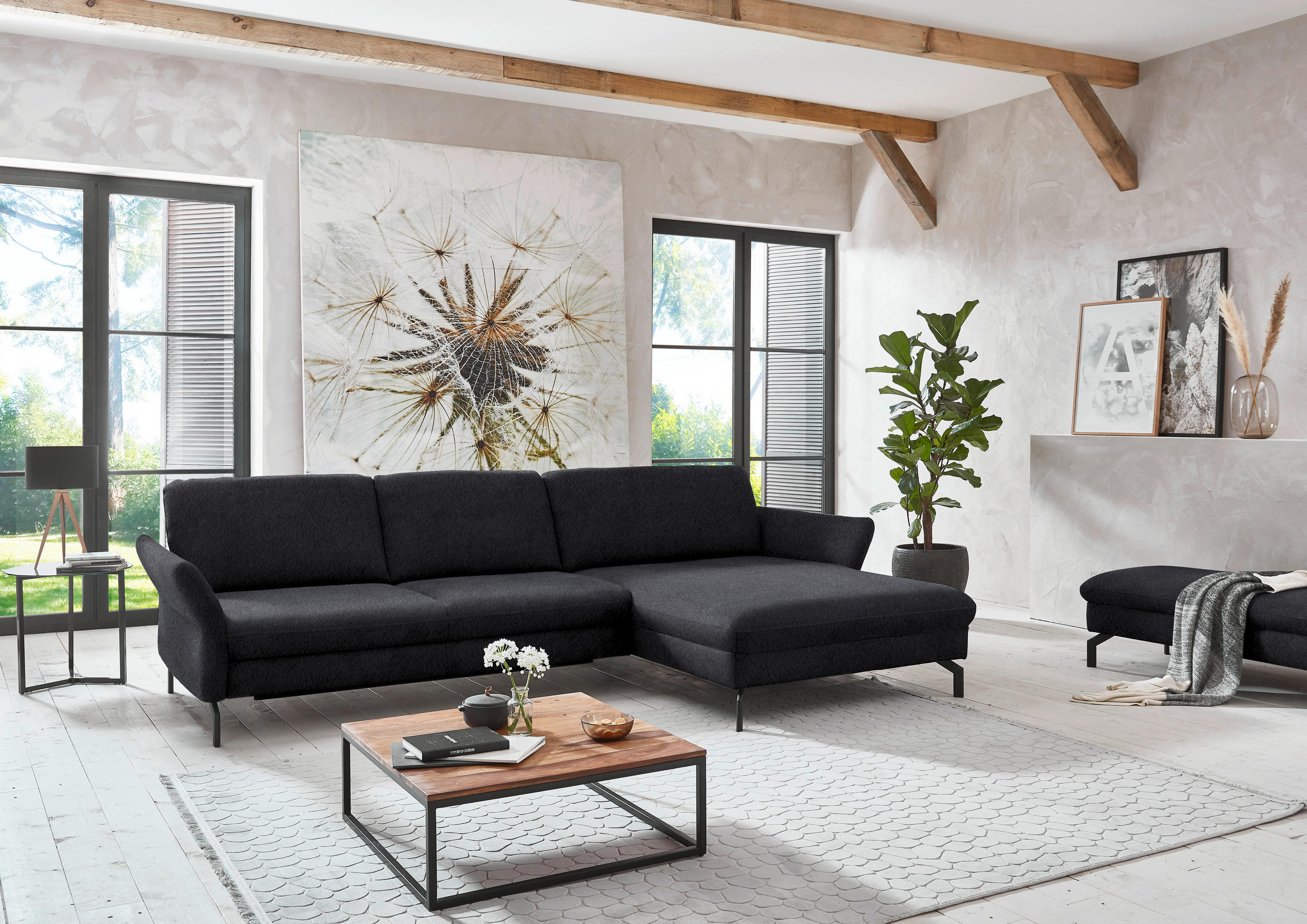 ECKSOFA in Velours Anthrazit  - Anthrazit/Schwarz, Design, Textil/Metall (306/179cm) - Beldomo System