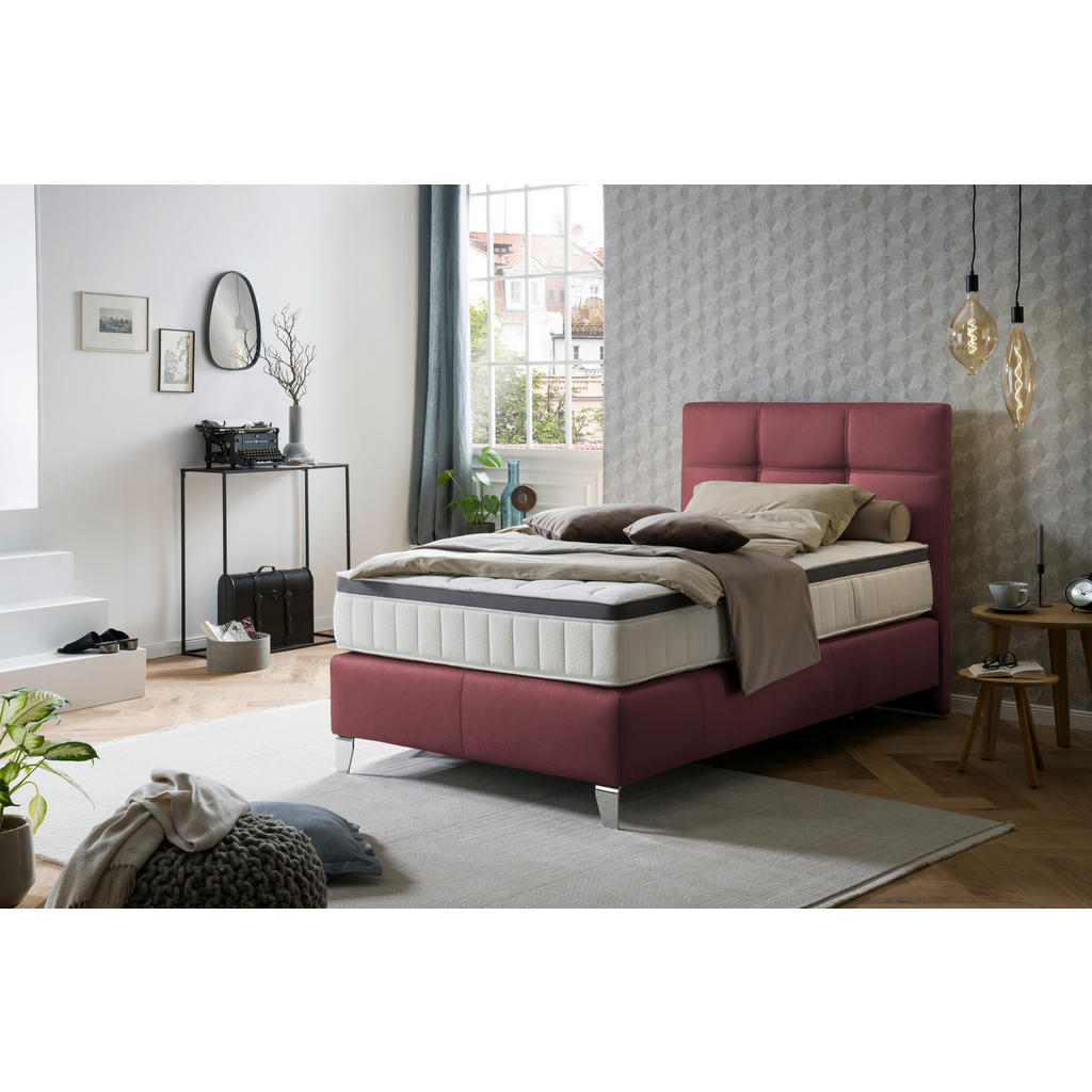 Thumbnail - Novel Boxspringbett, Bordeaux, Textil, Echtleder, Rindleder, H4, 7-Zonen, Höhe ca. 27 cm, 140x200 cm, Über- und Sondergr...