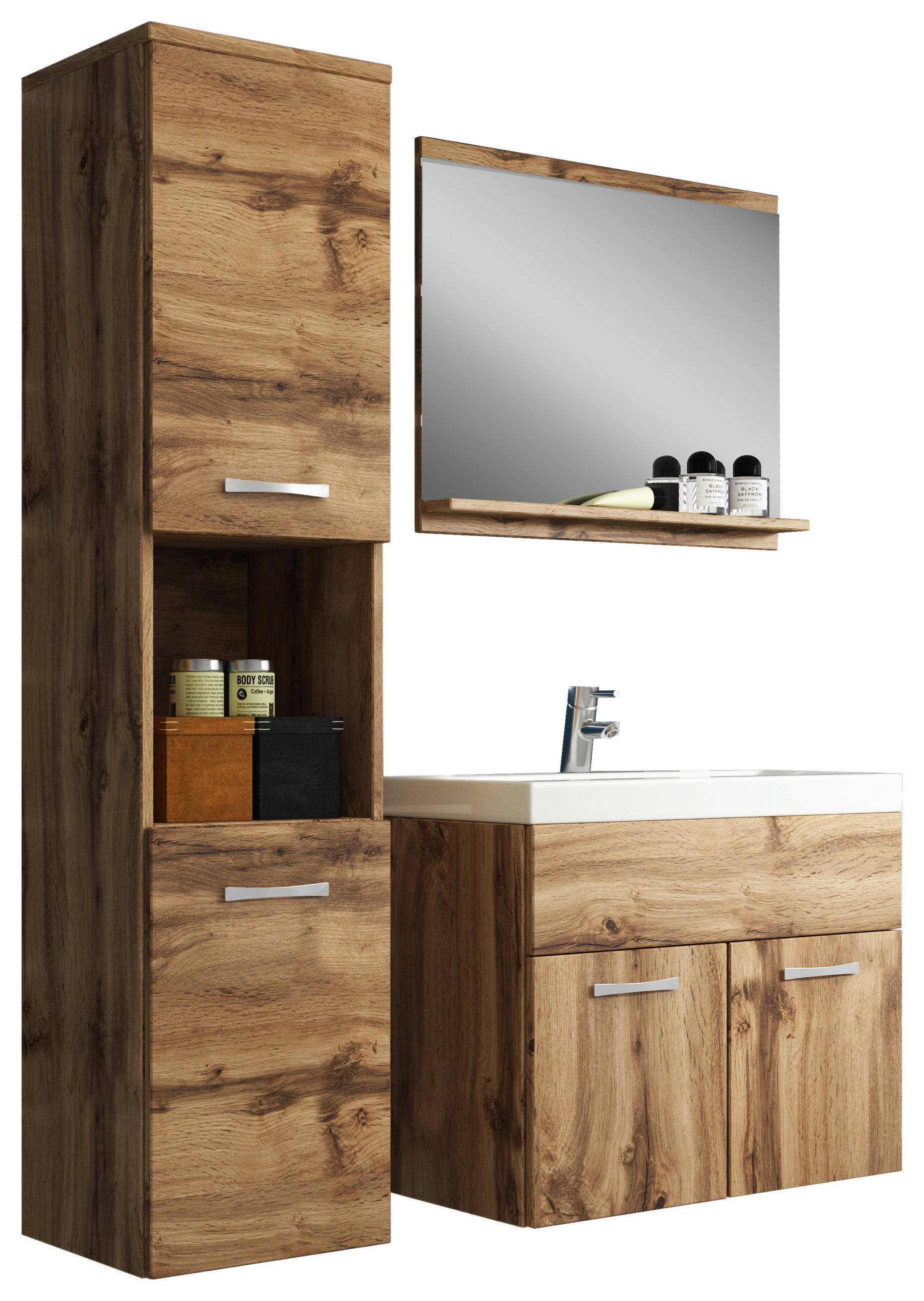 BADEZIMMER 4-teilig  in 90 cm  - Eiche Wotan/Weiß, LIFESTYLE, Holzwerkstoff/Metall (90cm) - P & B