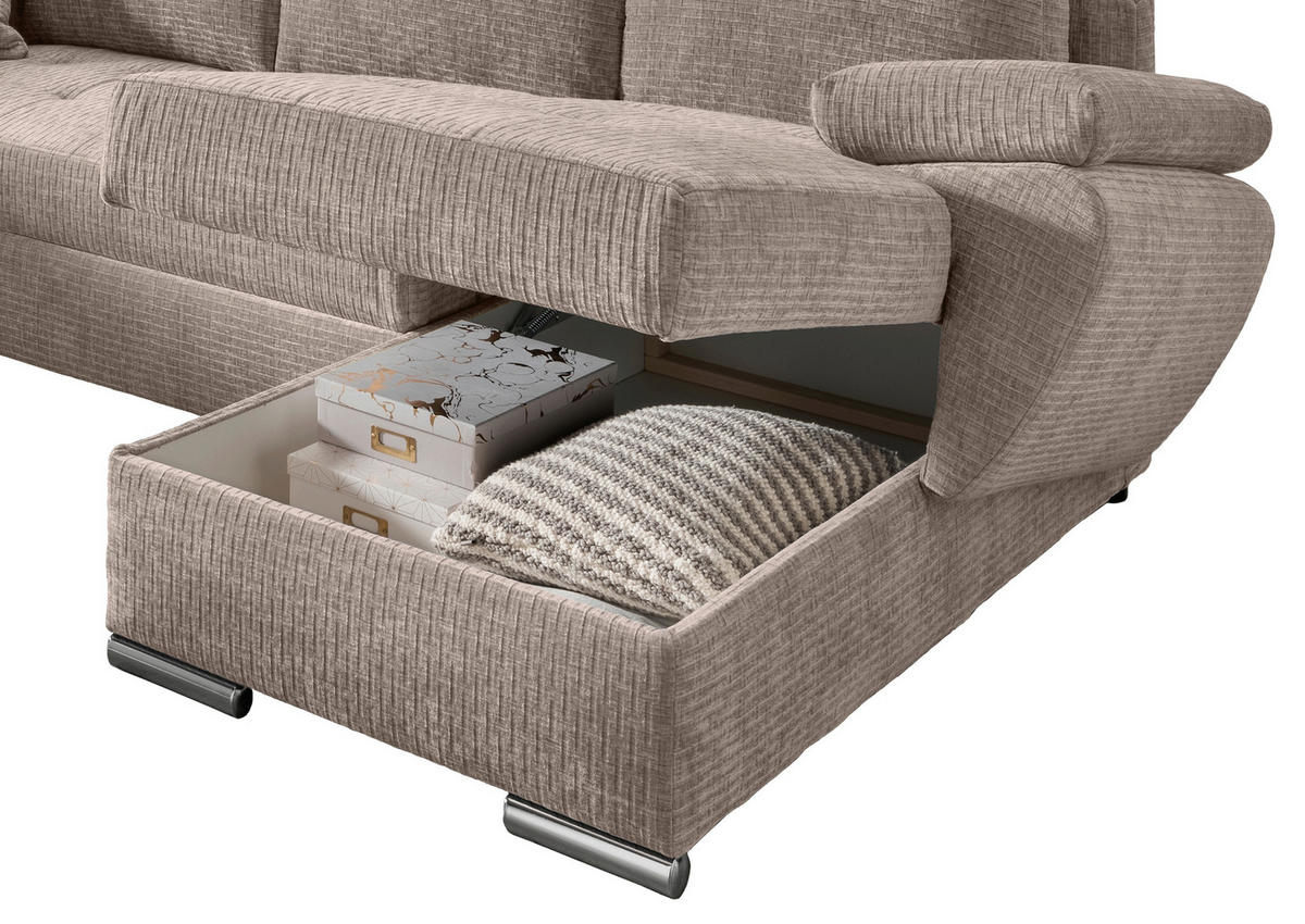 Wohnlandschaft Beige Mikrofaser  - Chromfarben/Beige, KONVENTIONELL, Textil (219/305/157cm) - Livetastic
