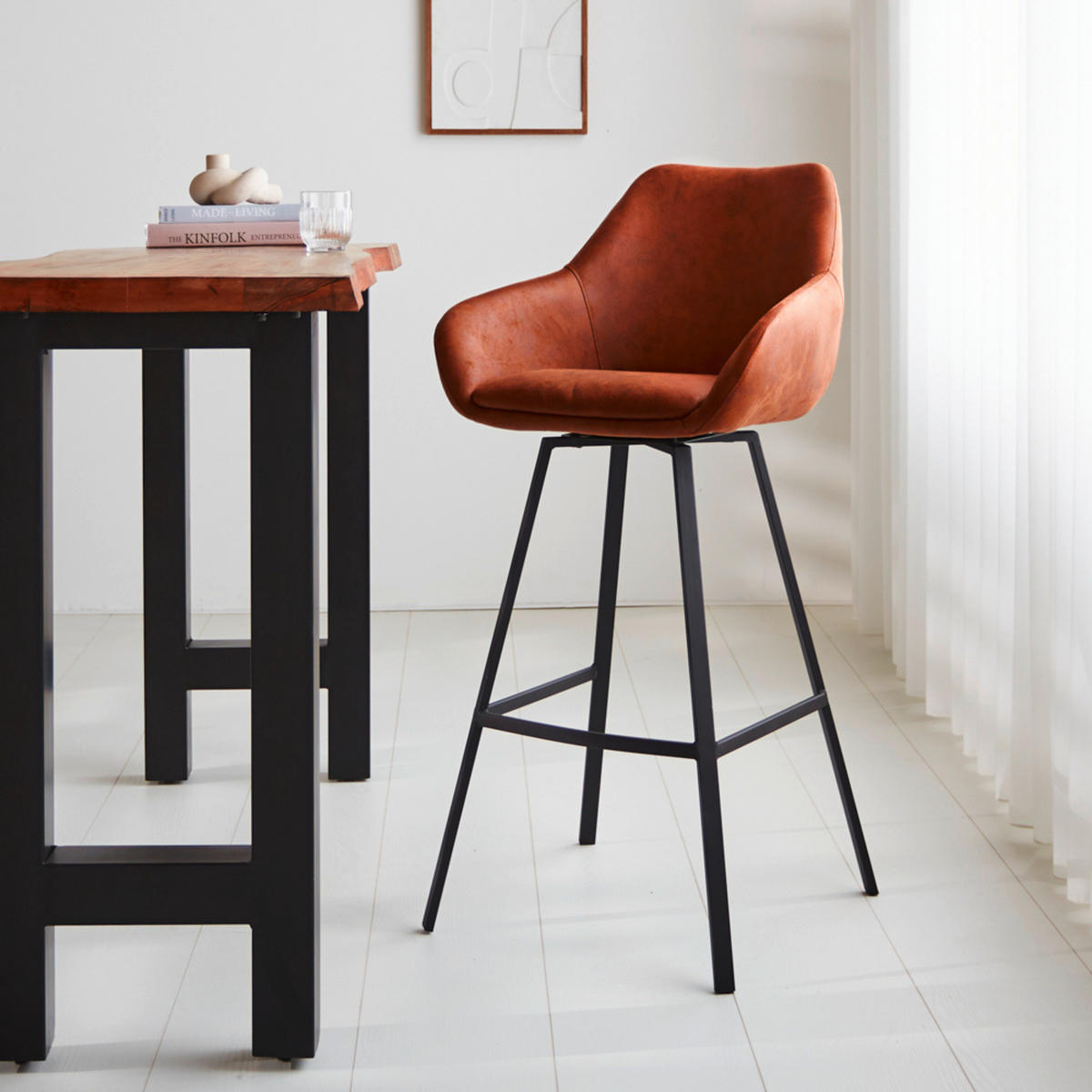 BARHOCKER-SET Mikrofaser Cognac Sitzfläche 180° drehbar, automatische Rückholfunktion  - Cognac/Schwarz, MODERN, Textil/Metall (55/109/57cm) - MID.YOU