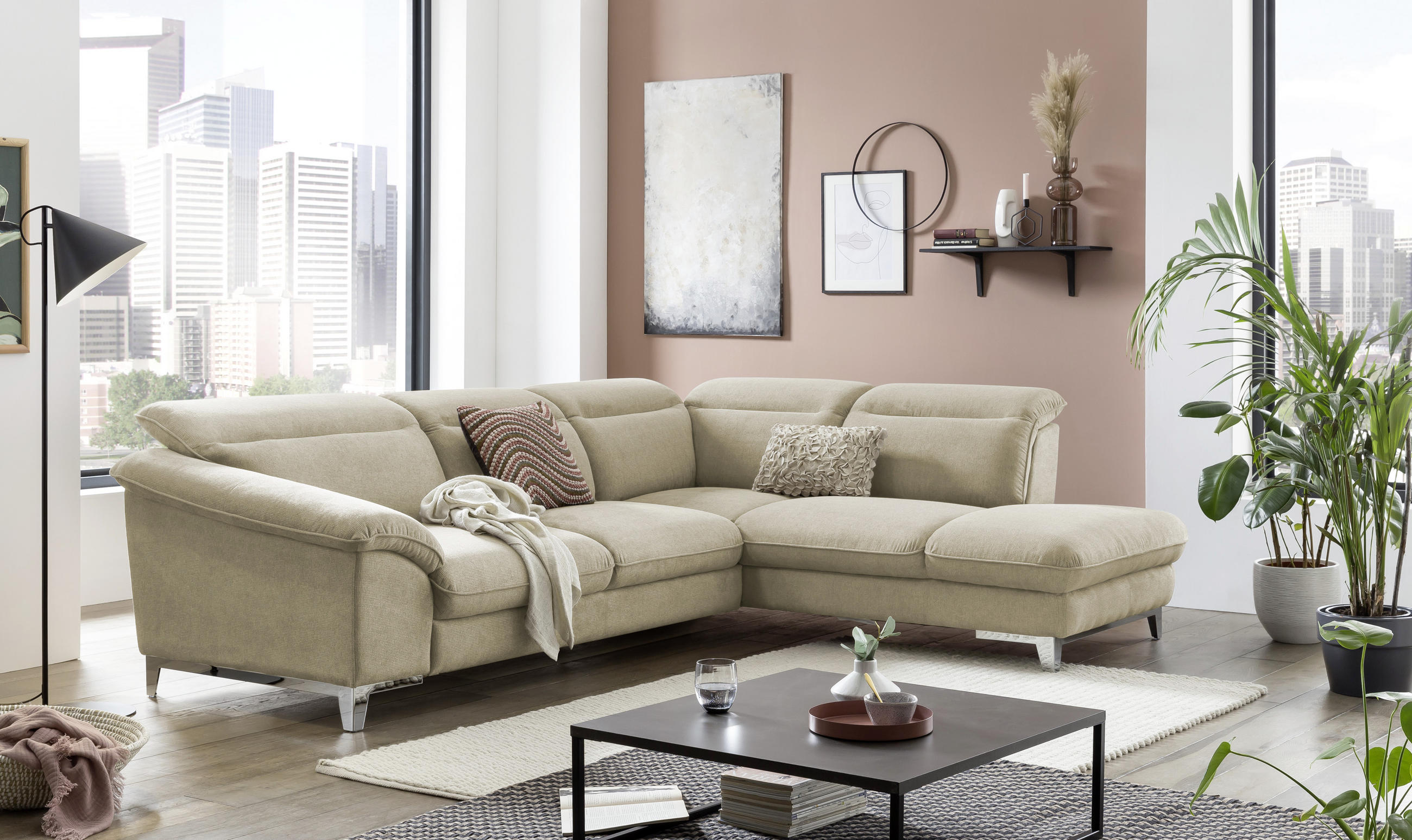 ECKSOFA Beige Chenille  - Chromfarben/Beige, Design, Textil/Metall (232/293cm) - Livetastic