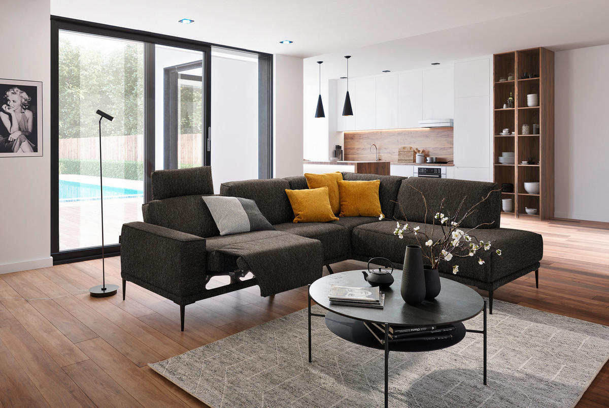 ECKSOFA in Flachgewebe Dunkelbraun  - Dunkelbraun/Schwarz, Design, Textil/Metall (260/210cm) - Johann Jakob