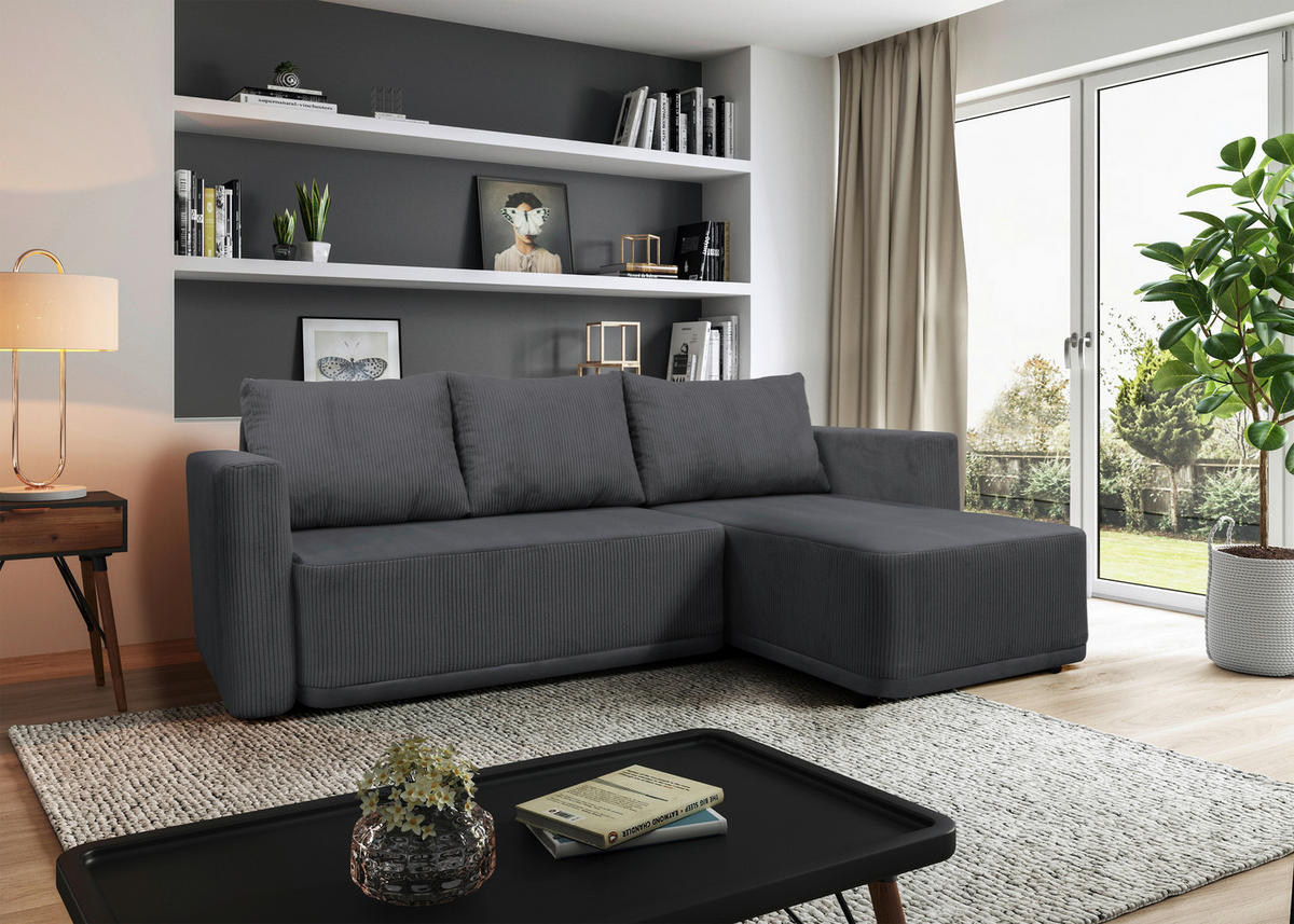 ECKSOFA STELLA Dunkelgrau Plüsch Rückenkissen, Bettkasten  - Dunkelgrau/Schwarz, Design, Kunststoff/Textil (234/166cm) - MID.YOU