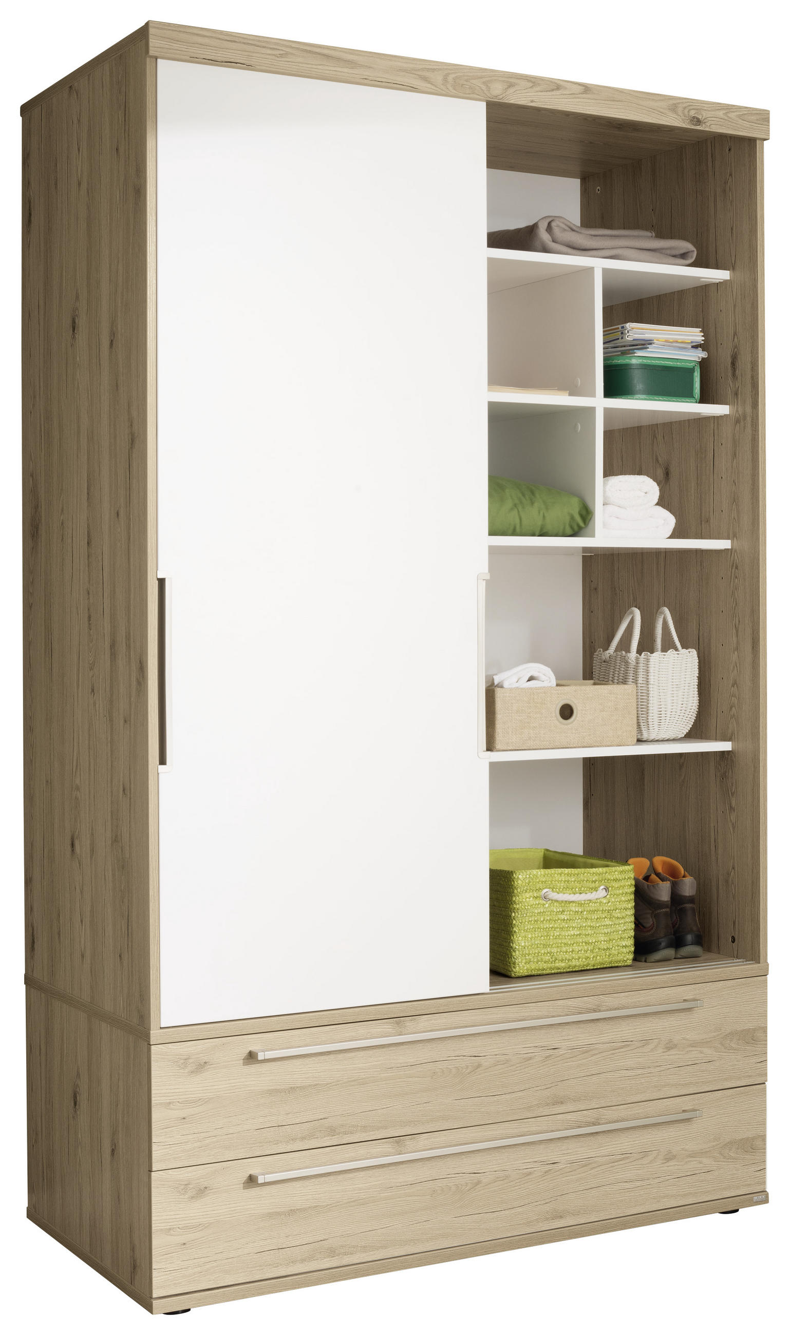 SCHIEBETÜRENSCHRANK 2-türig Weiß, Eichefarben - Eichefarben/Silberfarben, Design, Holzwerkstoff/Metall (123,6/206,9/63,9cm) - Paidi