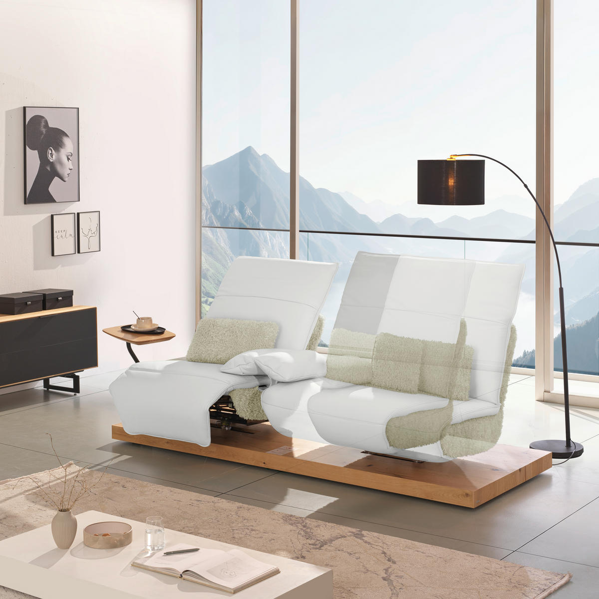 2-SITZER-SOFA Hochflor Echtleder Weiss  - Weiss/Schwarz, Design, Leder/Holz (240/65/104cm) - Koinor