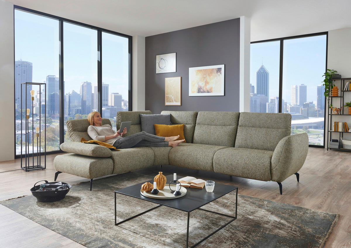 ECKSOFA in Webstoff Creme, Graubraun  - Graubraun/Creme, Design, Textil/Metall (223/290cm) - Moderano