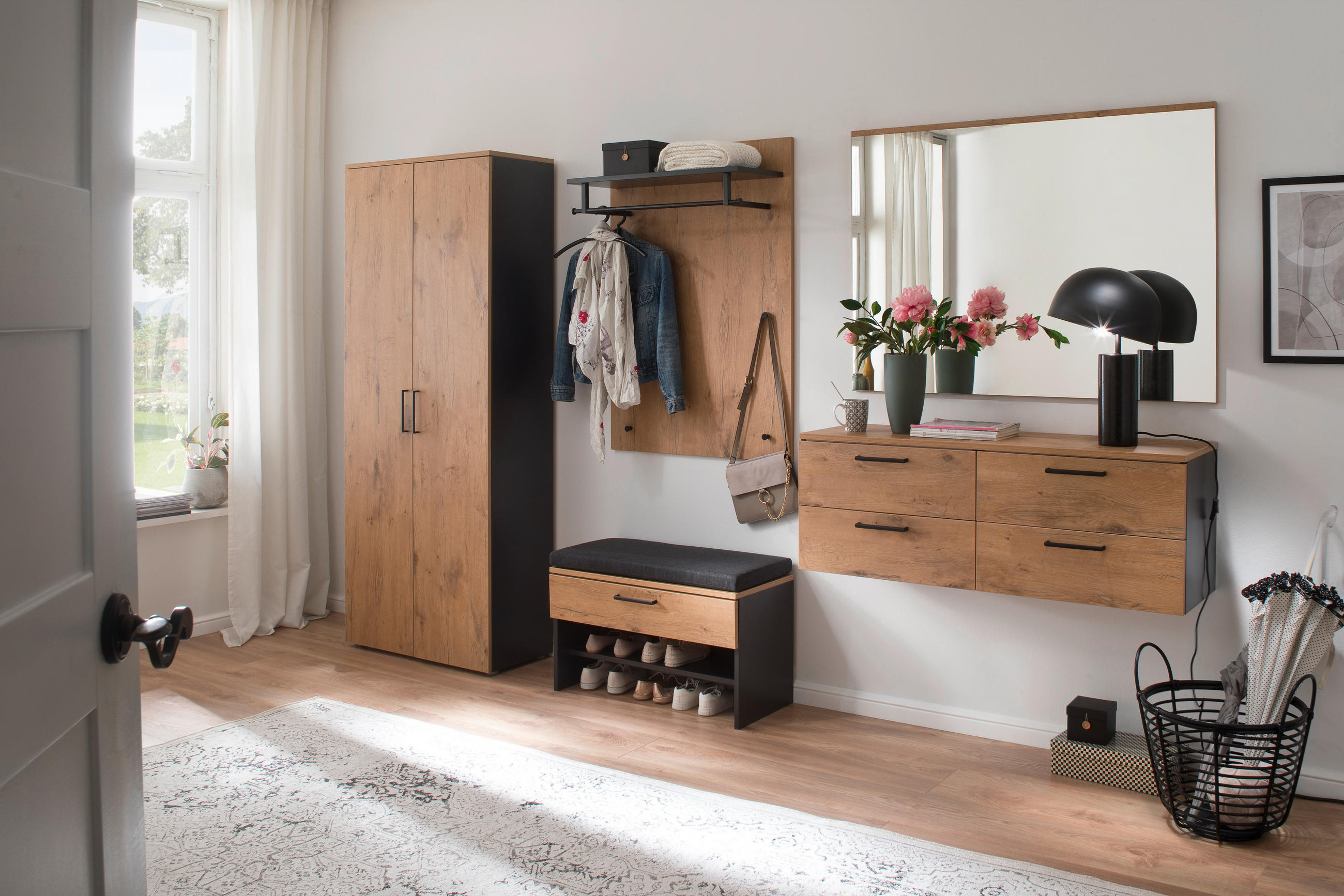 GARDEROBE 6-teilig  in 300/200/38 cm  - Eichefarben/Anthrazit, Konventionell, Holzwerkstoff (300/200/38cm) - Moderano