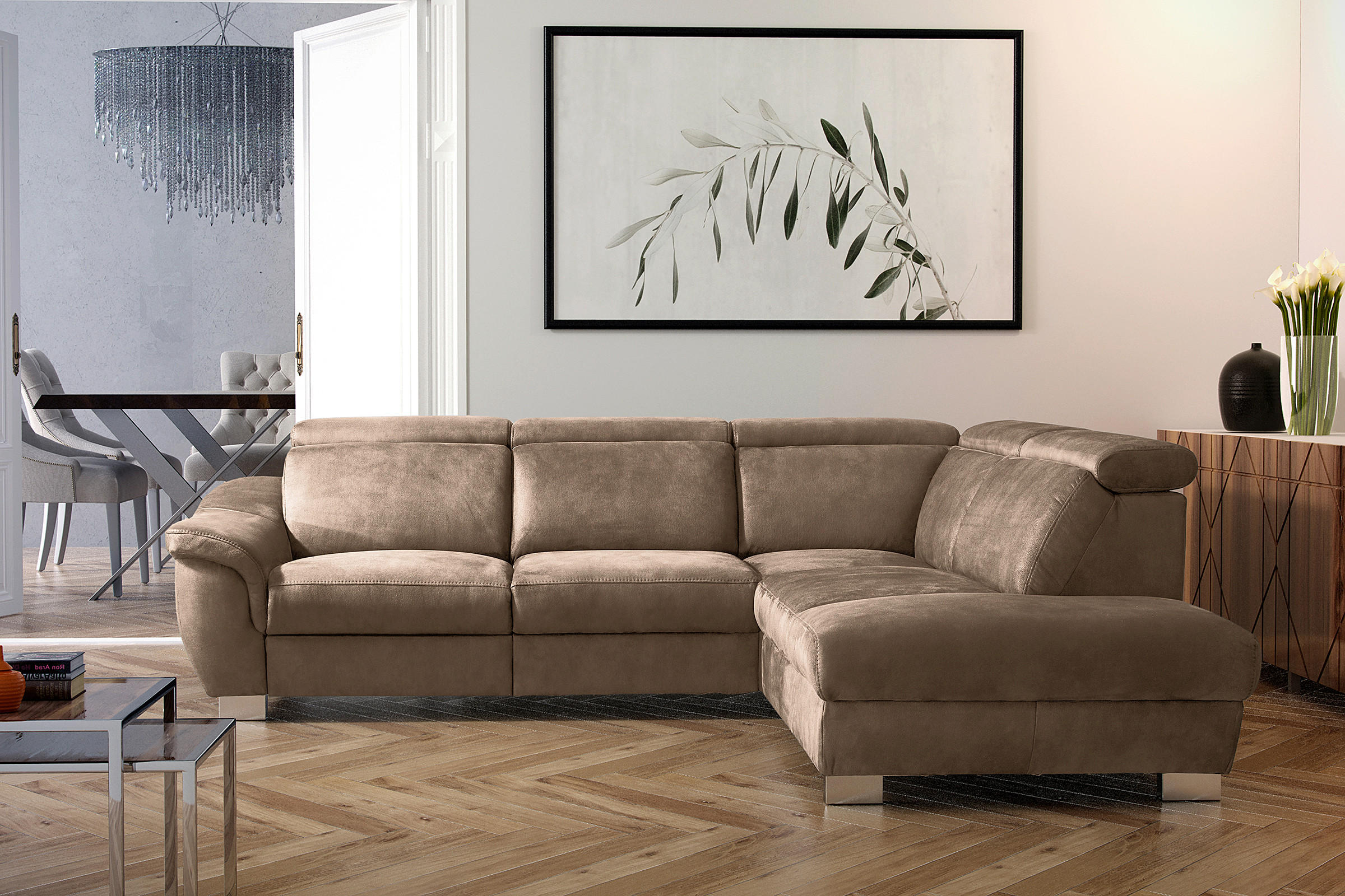 ECKSOFA Braun Mikrofaser Rücken echt, Relaxfunktion, Kopfteilverstellung  - Chromfarben/Braun, Design, Textil/Metall (238/276cm) - Livetastic