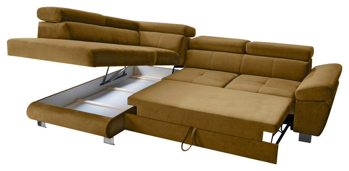 ECKSOFA Senfgelb Webstoff Bettkasten, Schlaffunktion, Rücken echt, Armteilverstellung, Kopfteilverstellung  - Chromfarben/Senfgelb, MODERN, Textil/Metall (205/278cm) - Stylife