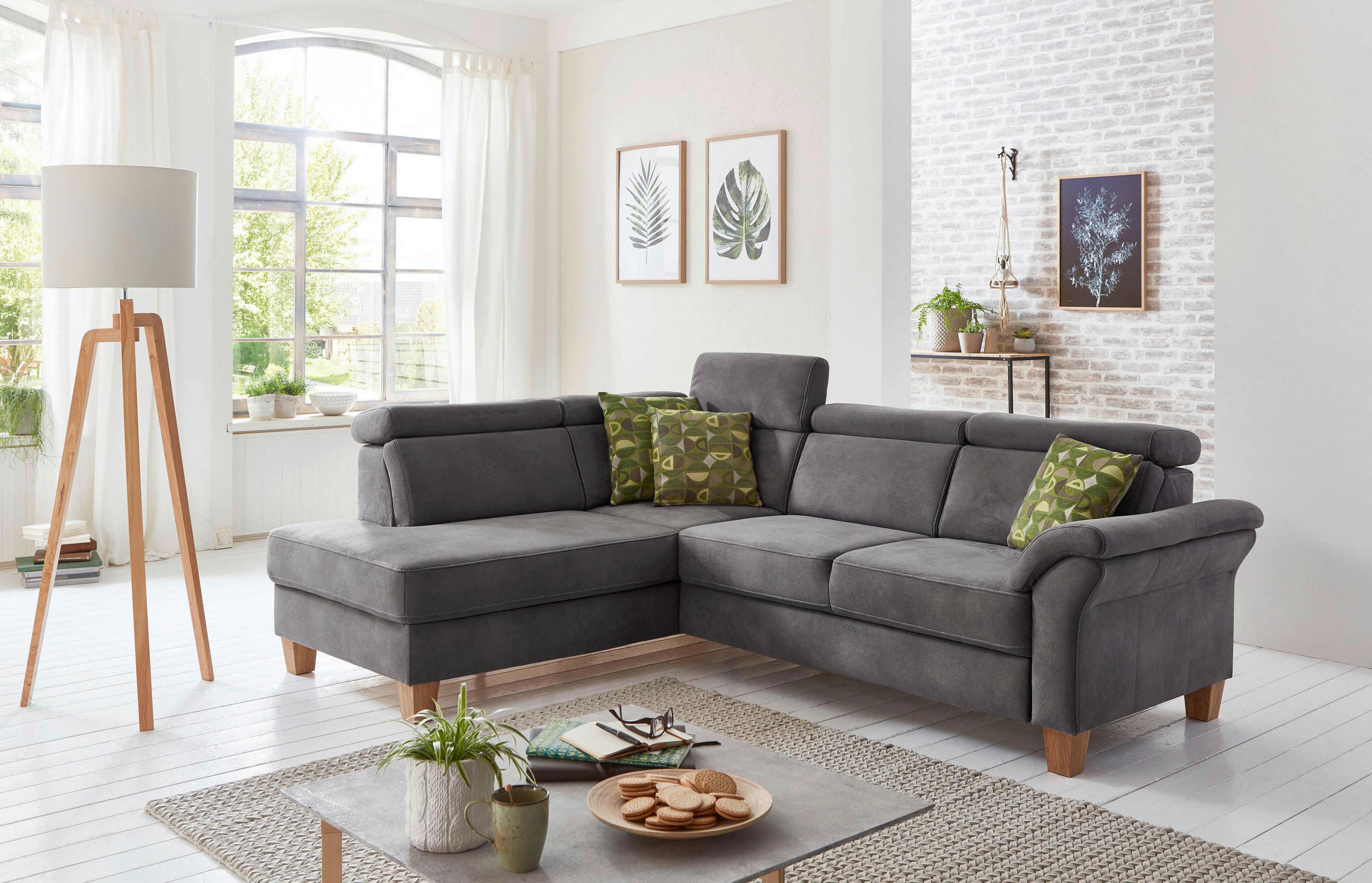 ECKSOFA Anthrazit Mikrofaser Bettkasten, Kopfteilverstellung, Liegefläche im Originalstoff  - Eichefarben/Anthrazit, KONVENTIONELL, Holz/Textil (194/245cm) - Sit & More