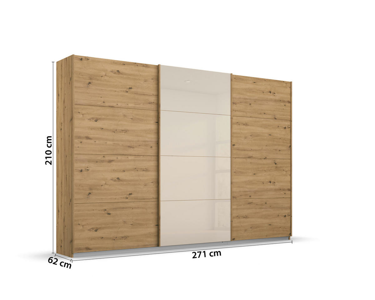 SCHWEBETÜRENSCHRANK 271/210/62 cm,  in Champagner, Eiche Artisan, 3 Tür(en)  - Champagner/Eiche Artisan, KONVENTIONELL, Glas/Holzwerkstoff (271/210/62cm) - Carryhome