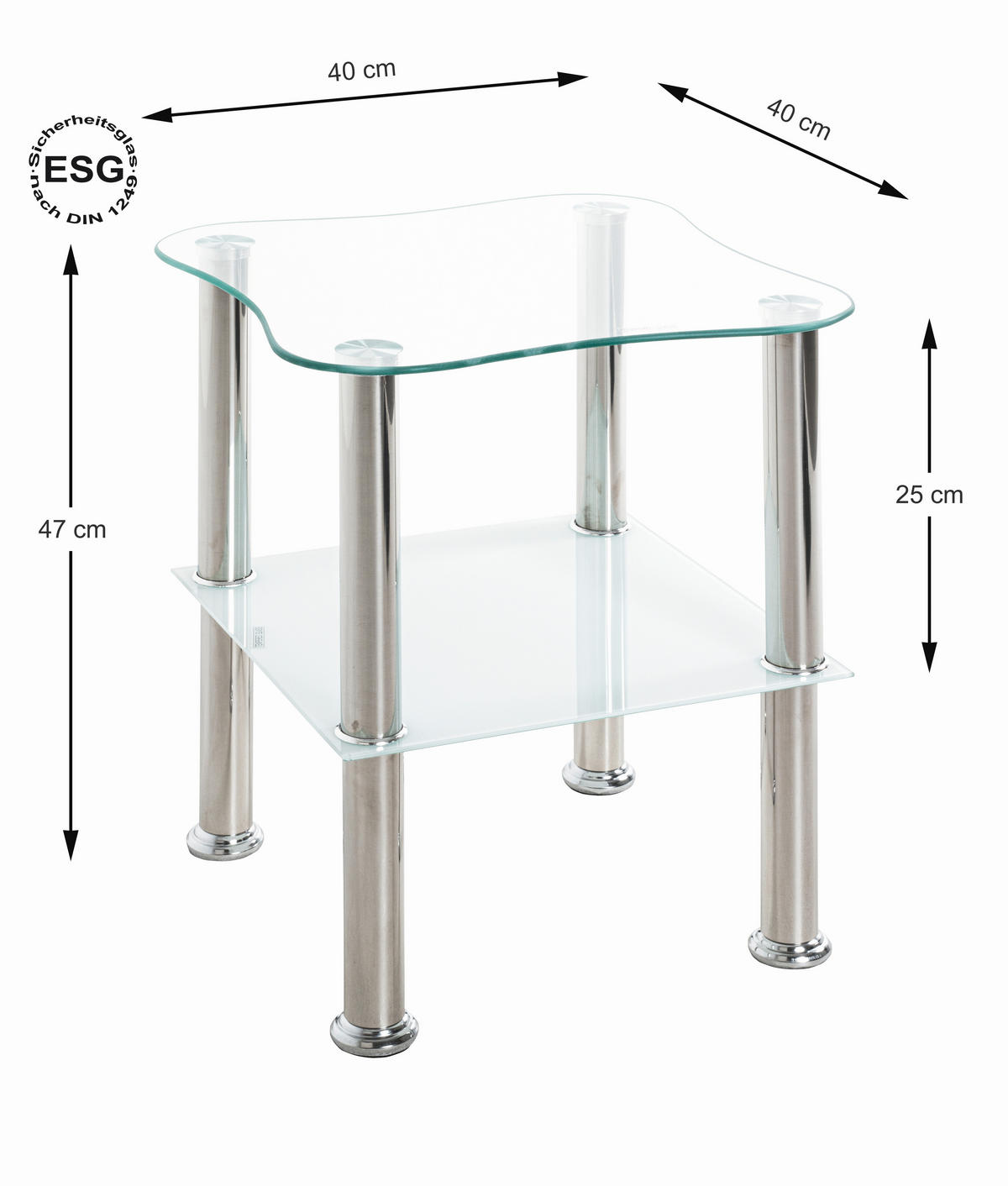 BEISTELLTISCH 40/40/47 cm Klar, Weiß, Edelstahlfarben formgebogen  - Klar/Edelstahlfarben, Design, Glas/Metall (40/40/47cm) - Carryhome