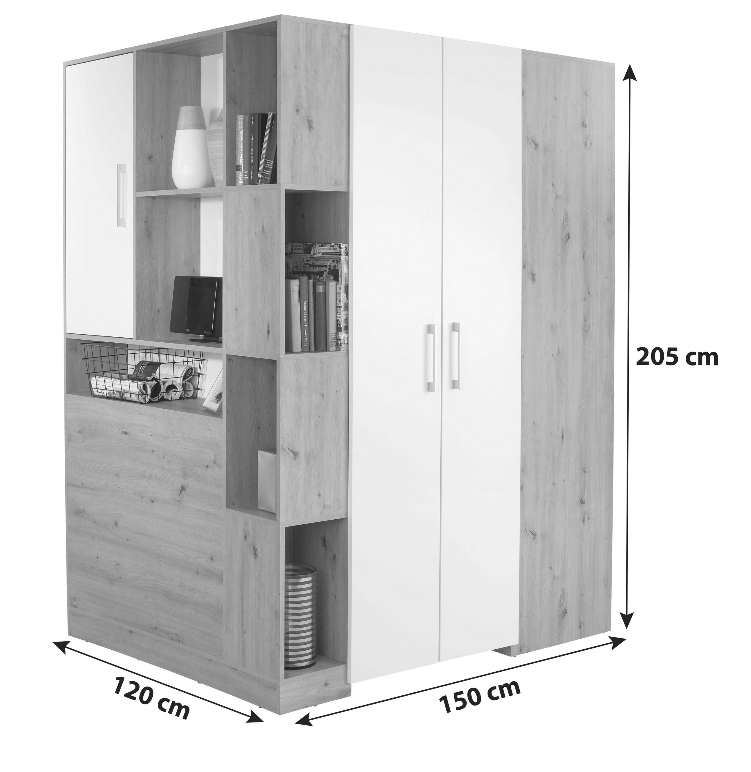 Thumbnail - Ondega Eckschrank, Weiß, Eiche Artisan, Holzwerkstoff, 120x205x150 cm, Beimöbel erhältlich, Schlafzimmer, Kleiderschränk...