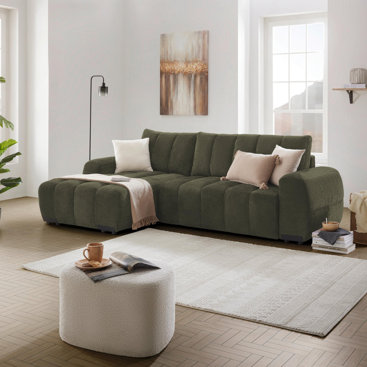 ECKSOFA Flachgewebe Olivgrün  - Schwarz Hochglanz/Olivgrün, Modern, Textil/Metall (166/93/273cm) - MID.YOU