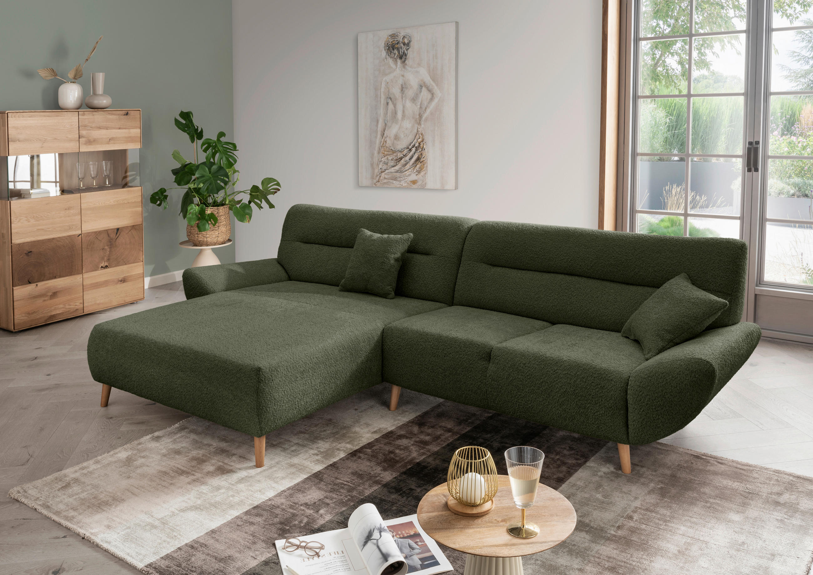 ECKSOFA in Bouclé Waldgrün  166/290 cm  - Waldgrün/Wildeiche, KONVENTIONELL, Holz/Textil (166/290cm) - MID.YOU