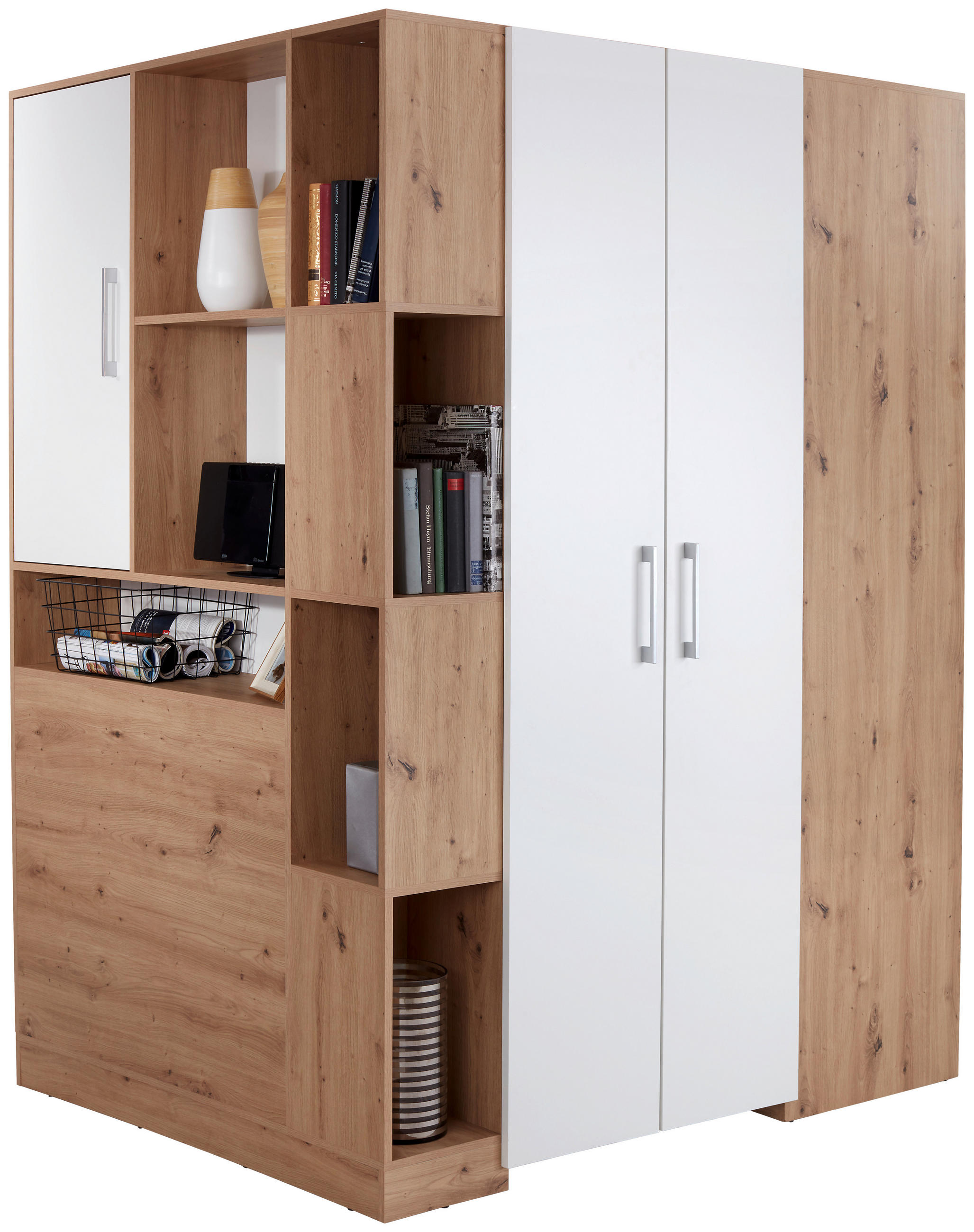 ECKSCHRANK 120/205/150 cm Weiß, Eiche Artisan  - Alufarben/Weiß, MODERN, Holzwerkstoff (120/205/150cm) - Ondega