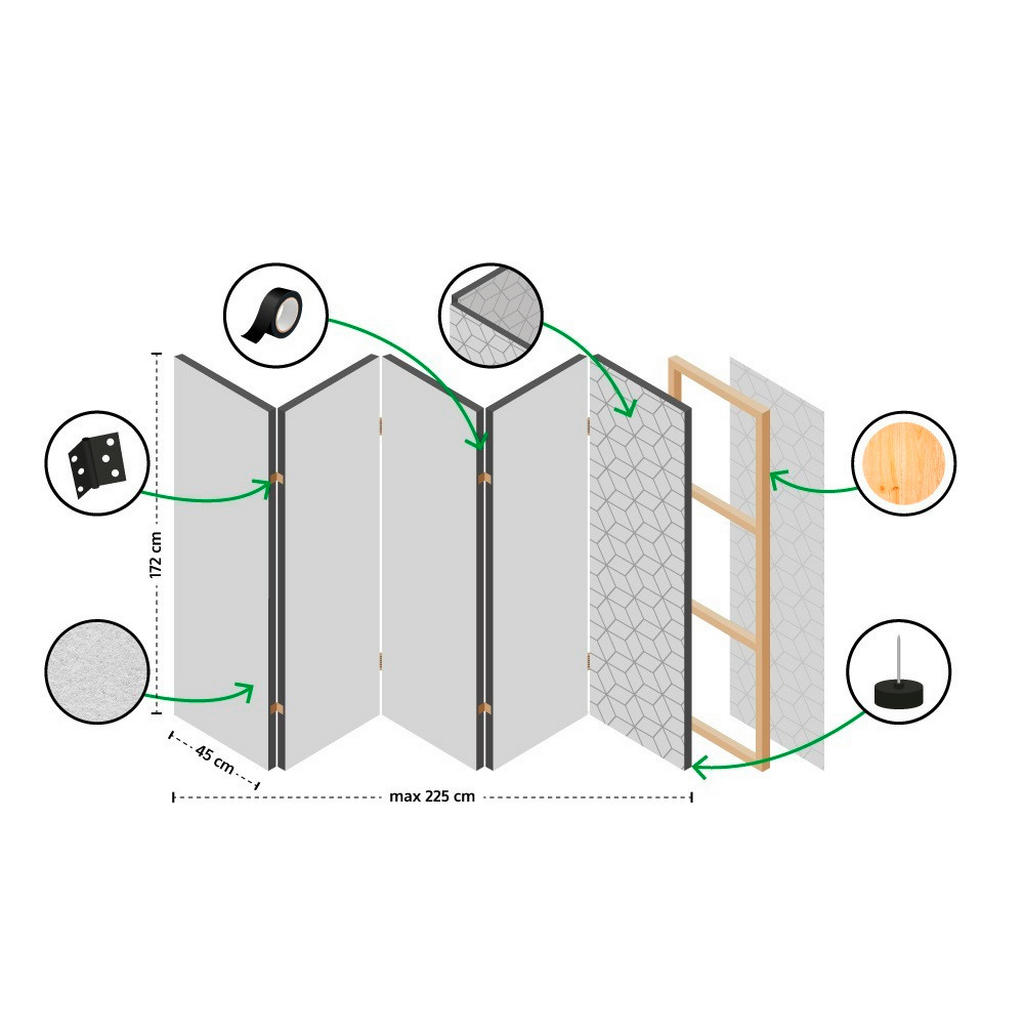 Thumbnail - artgeist Paravent, Grau, Grauweiß, Holz, Textil, Kiefer, massiv, Häuschen, 225x172x3 cm, Motiv auf Vorder- und Rückseite...