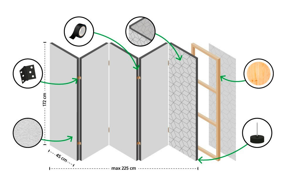 Thumbnail - artgeist Paravent, Grün, Schwarz, Hellblau, Holz, Textil, Kiefer, massiv, Blätter, 225x172x3 cm, Motiv auf Vorder- und R...
