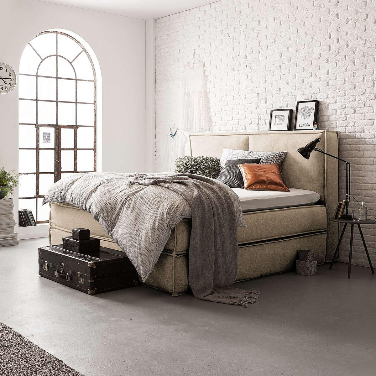 BOXSPRINGBETT 200/220 cm  in Beige  - Beige/Schwarz, Design, Kunststoff/Textil (200/220cm) - home24