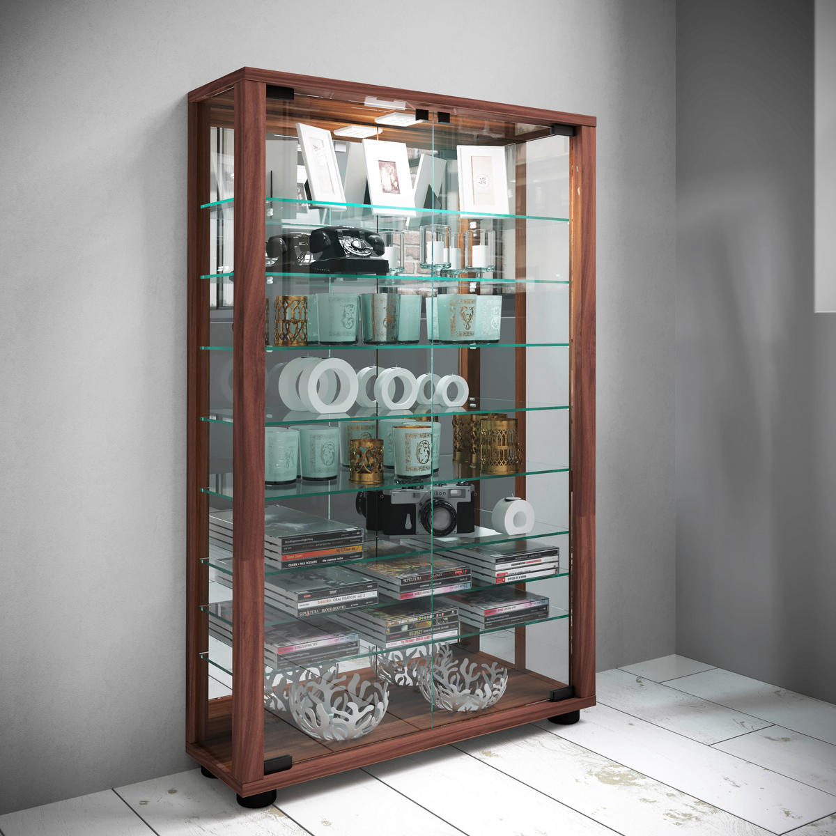 VITRINE in Nussbaumfarben  - Nussbaumfarben/Schwarz, Modern, Glas/Holzwerkstoff (59/91,3/18cm) - MID.YOU
