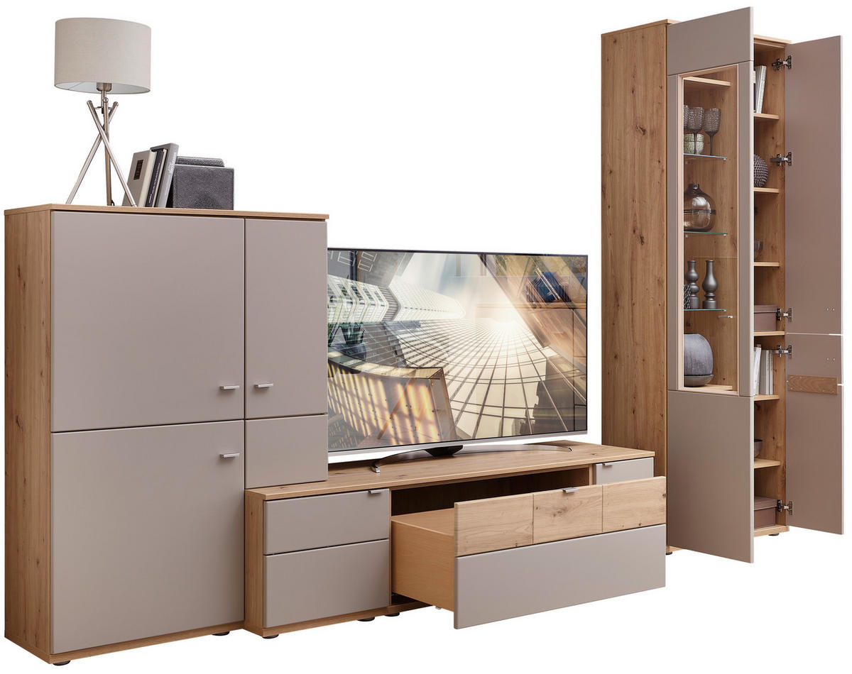 WOHNWAND  in Buchefarben, Alteiche  315/215/53 cm  - Alteiche/Buchefarben, KONVENTIONELL, Glas/Holzwerkstoff (315/215/53cm) - Venda