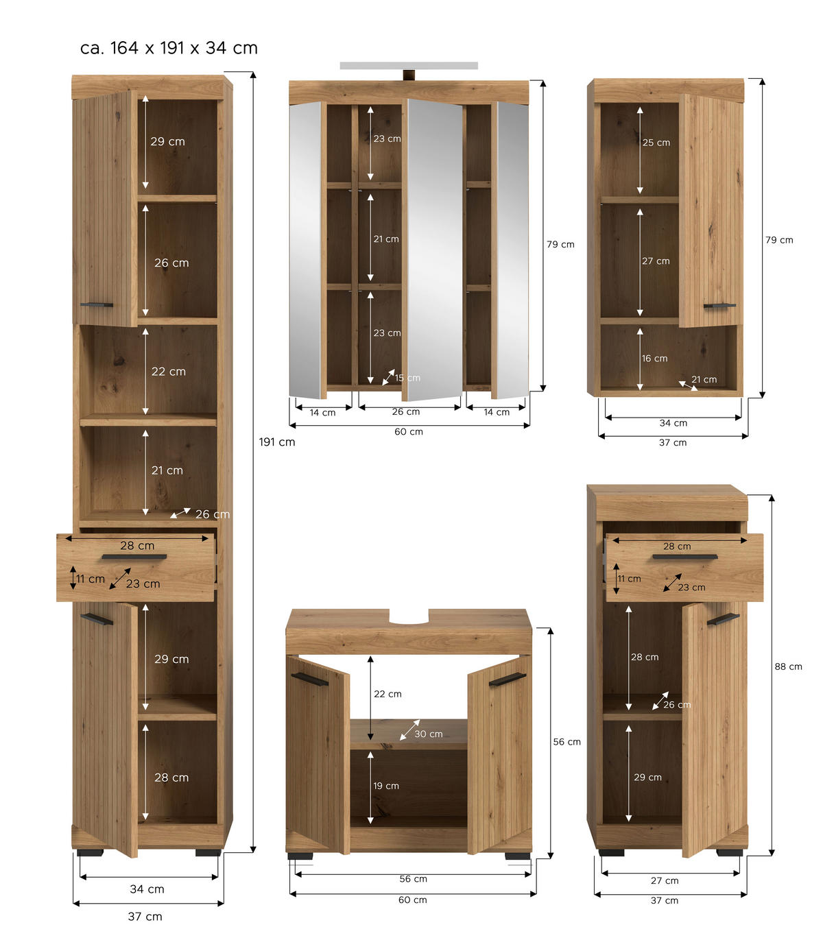 BADRUM 134 cm  - svart/ek Artisan, Trend, trämaterial/glas (134cm) - MID.YOU