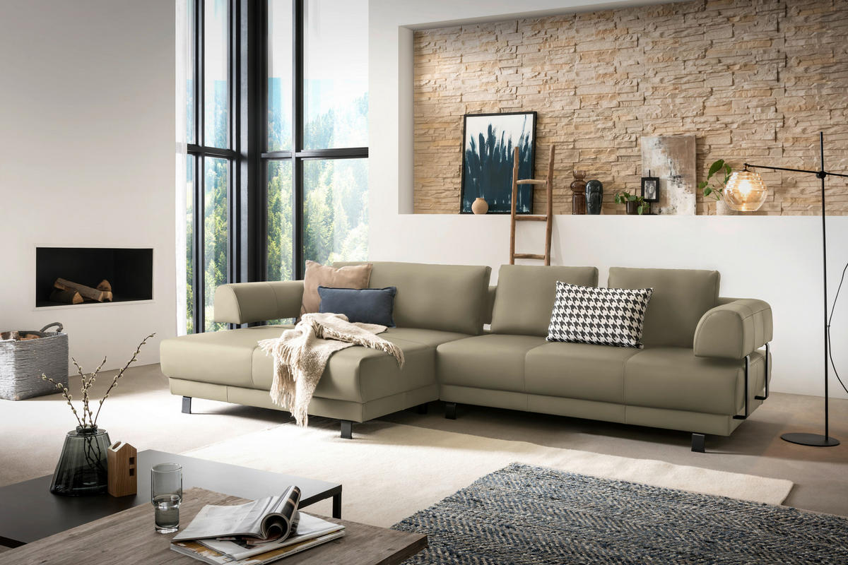 ECKSOFA in Echtleder Sandfarben  - Sandfarben/Schwarz, Design, Leder/Metall (188/307cm)