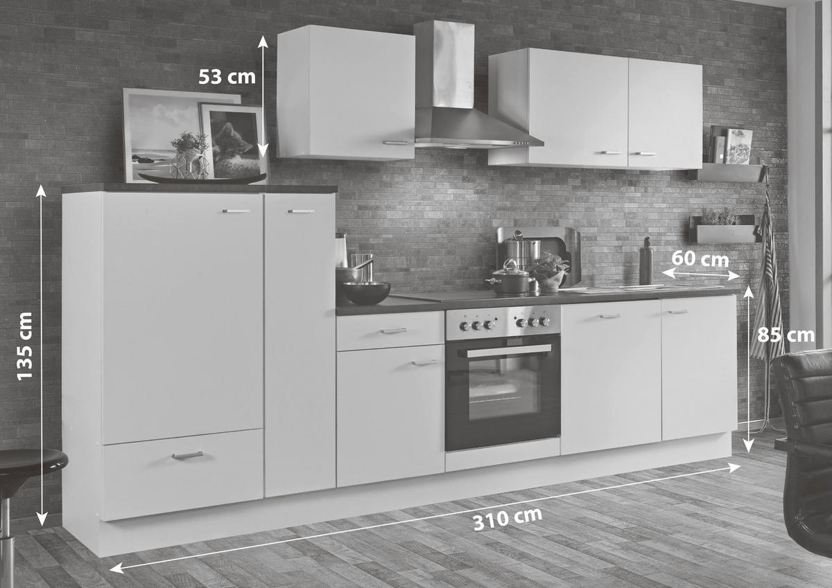 KÜCHENBLOCK 310 cm   in Weiß  - Silberfarben/Graphitfarben, KONVENTIONELL, Holzwerkstoff/Kunststoff (310cm) - Menke