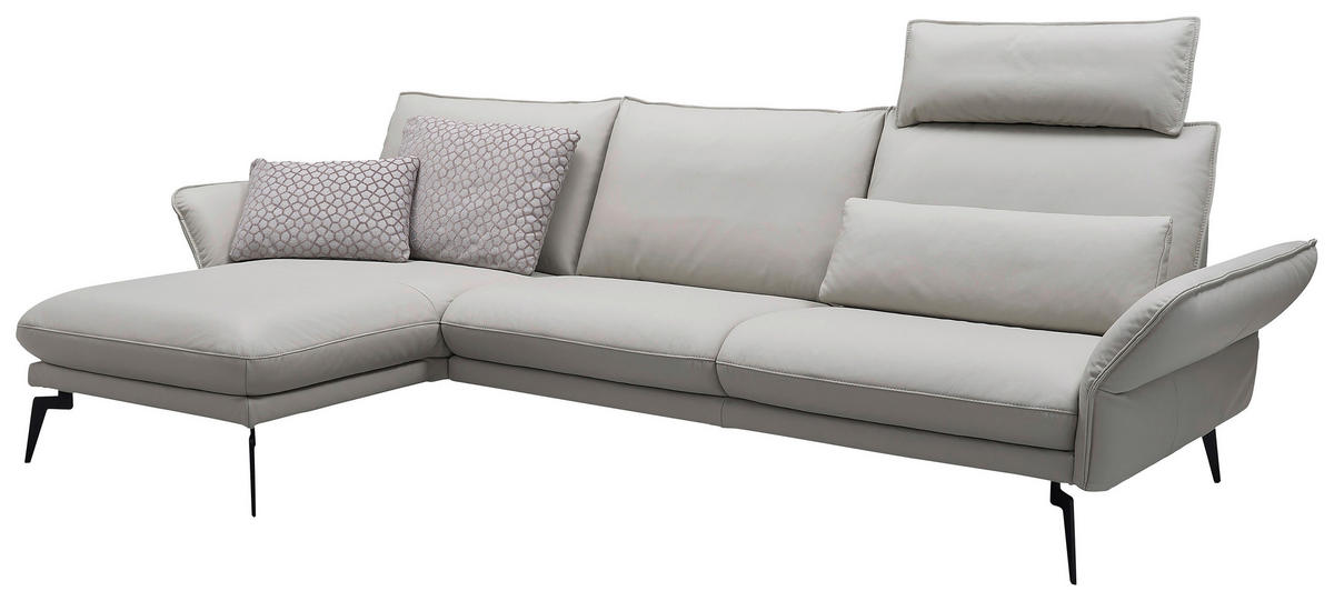 ECKSOFA Hellgrau Echtleder  - Hellgrau/Schwarz, LIFESTYLE, Leder/Metall (168/260cm) - Moderano