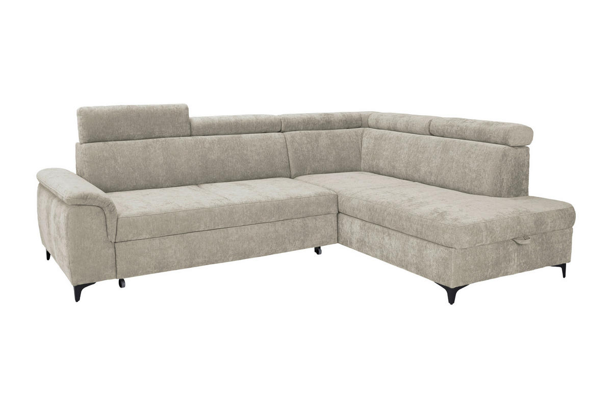 ECKSOFA Naturfarben Chenille Bettkasten, Schlaffunktion, Rücken echt, Kopfteilverstellung, Liegefläche im Originalstoff  - Schwarz/Naturfarben, KONVENTIONELL, Textil/Metall (265/206cm) - Carryhome