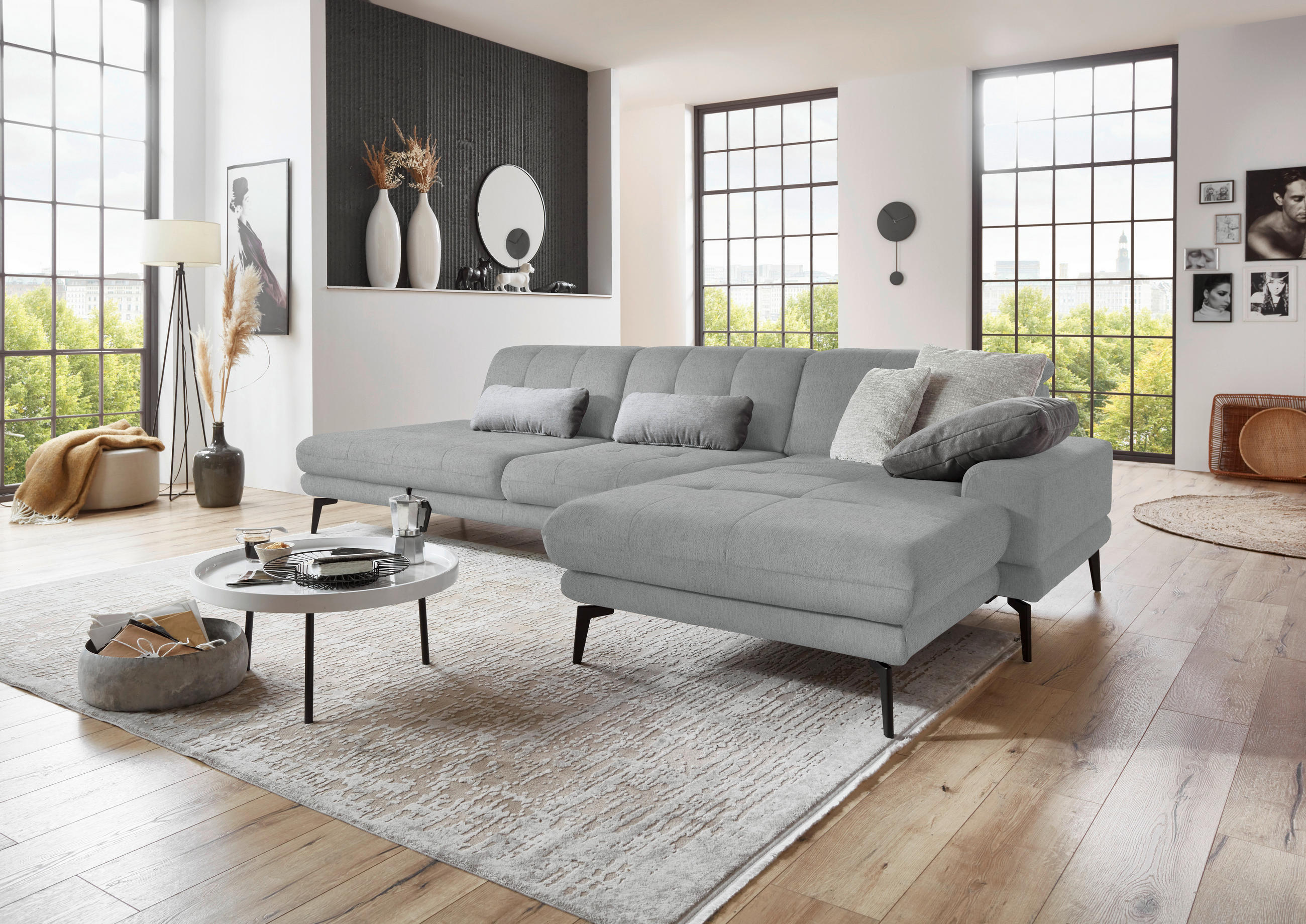 ECKSOFA in Flachgewebe Hellgrau  - Hellgrau/Schwarz, Design, Textil/Metall (309/190cm) - Beldomo Style