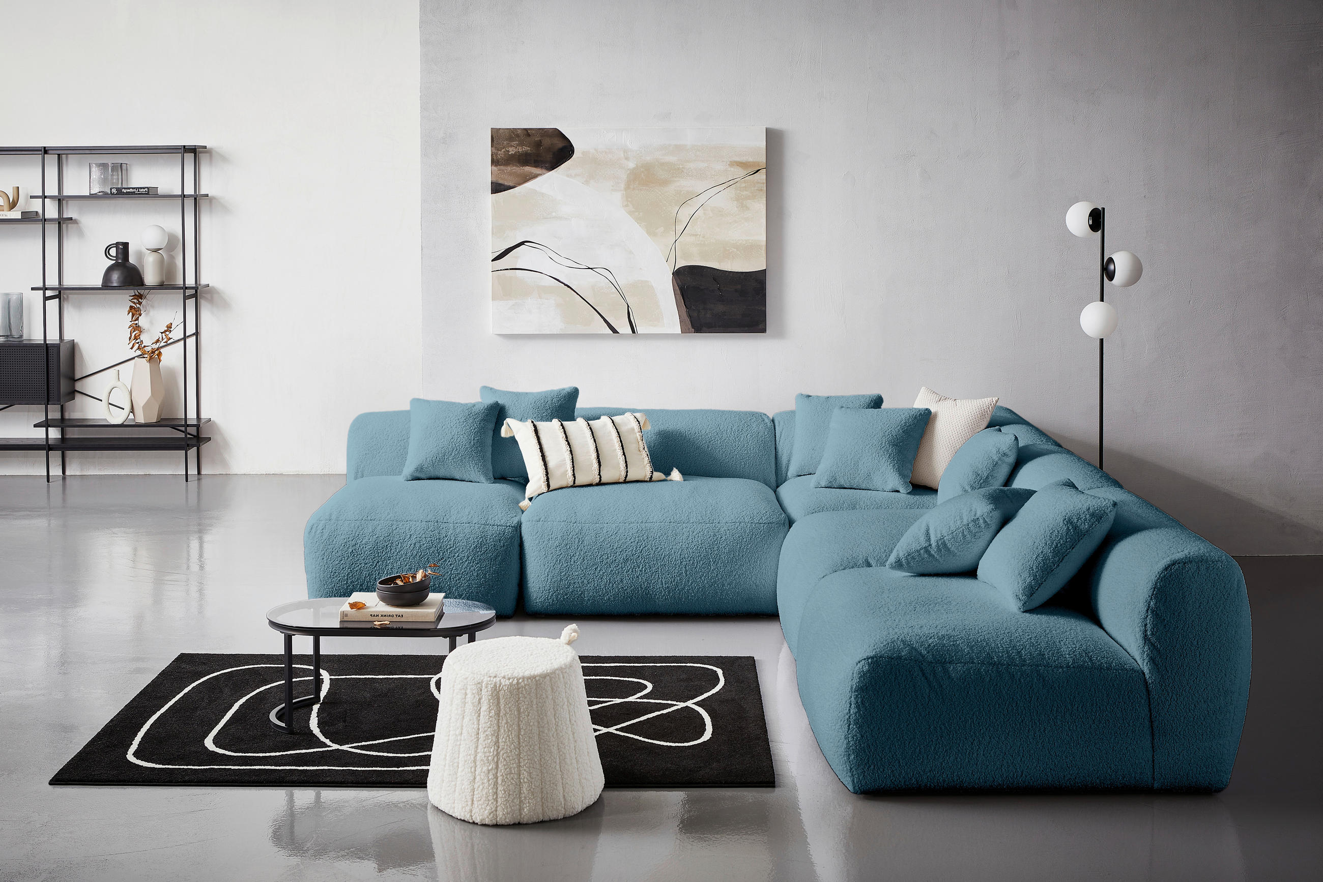 ECKSOFA in Flachgewebe, Teddystoff Blau  - Blau, Trend, Textil (300/315cm) - Livetastic