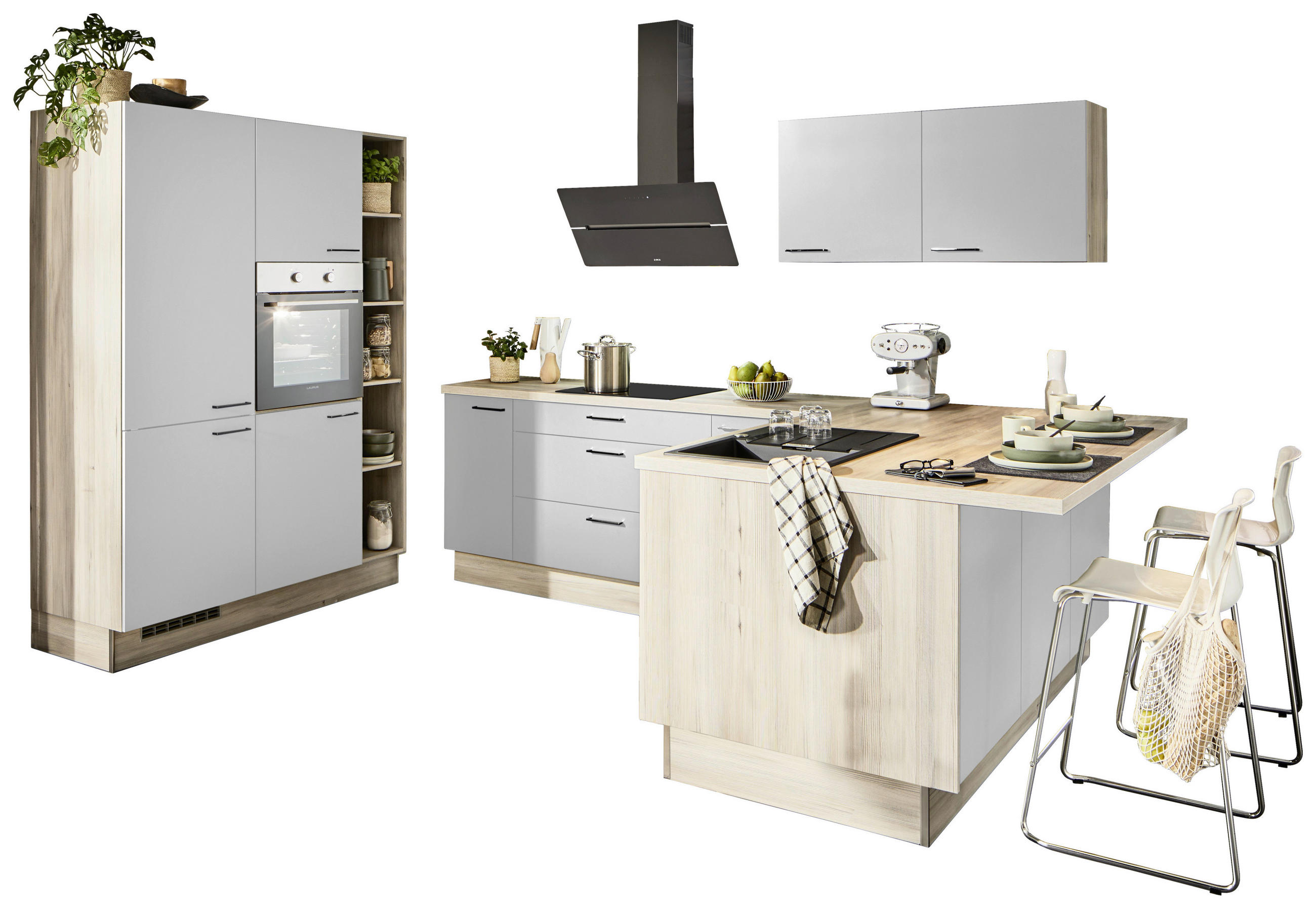 ECKKÜCHE  in Hellgrau, Tannenholzfarben  - Tannenholzfarben/Hellgrau, Design, Holzwerkstoff/Metall (150/280/121,6cm) - Xora