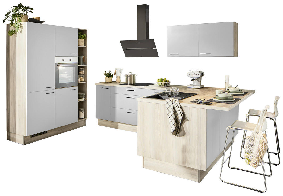 ECKKÜCHE  in Hellgrau, Tannenholzfarben  - Tannenholzfarben/Hellgrau, Design, Holzwerkstoff/Metall (150/280/121,6cm) - Xora