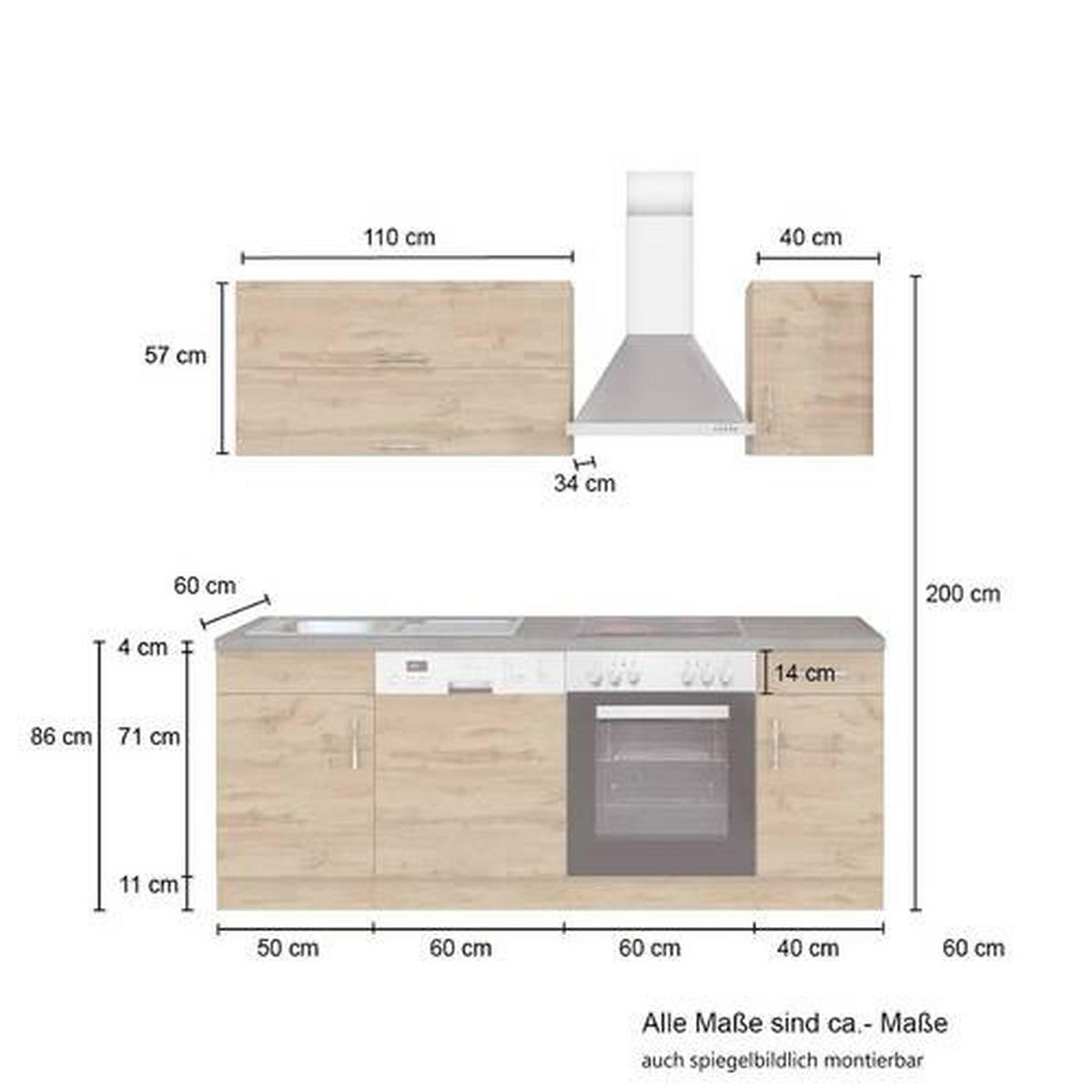 KÜCHENBLOCK 210 cm   in Graphitfarben, Schieferfarben, Eiche Wotan  - Chromfarben/Schieferfarben, MODERN, Holzwerkstoff/Metall (210cm) - Held