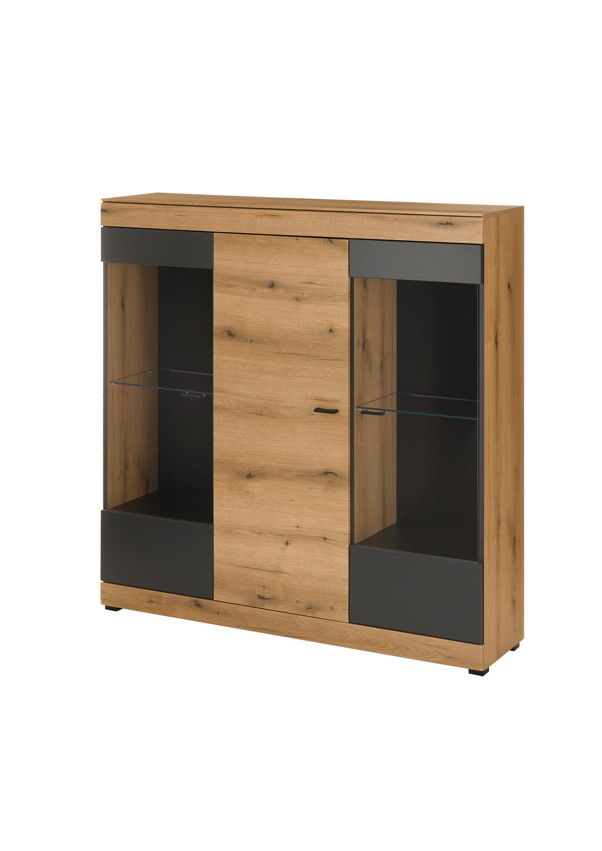 HIGHBOARD , 140/141/35 cm,  - Eichefarben/Schwarz, Design, Glas/Holzwerkstoff (140/141/35cm) - MID.YOU