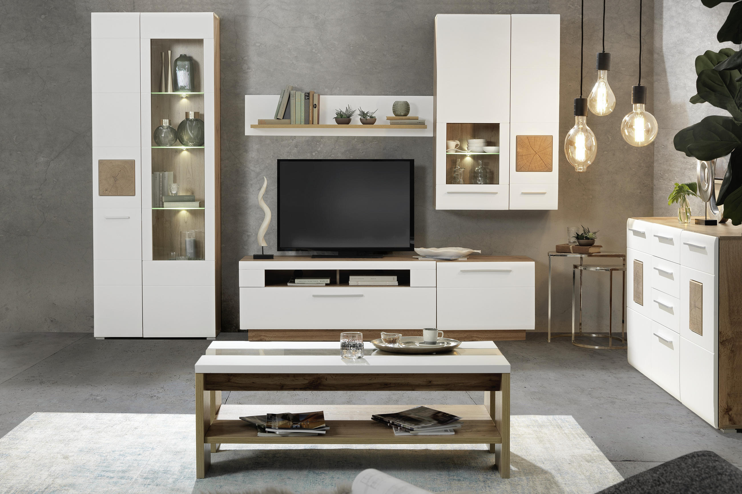 DNEVNI REGAL, bela, barve hrasta - barve kroma/barve hrasta, Konvencionalno, umetna masa/steklo (300/202/46cm) - Hom`in