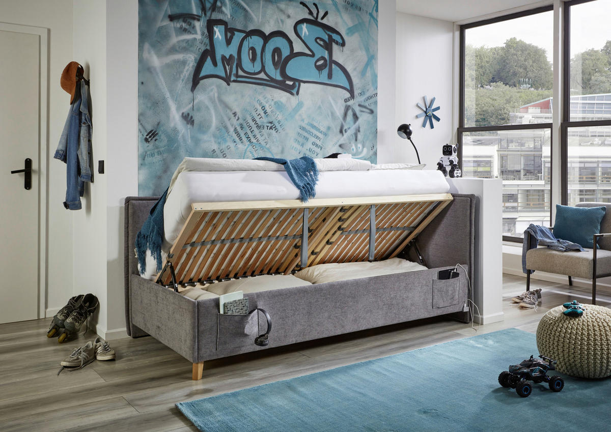 POLSTERLIEGE in Flachgewebe Grau  - Eichefarben/Birkefarben, Konventionell, Holz/Textil (120/200cm) - home24
