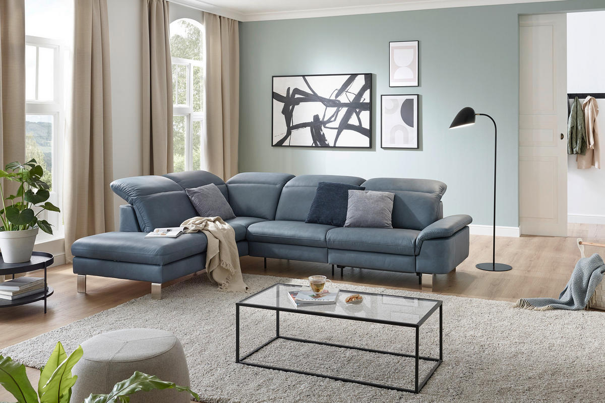 ECKSOFA in Echtleder Blaugrau  - Edelstahlfarben/Blaugrau, Design, Leder/Metall (309/233cm) - Dieter Knoll