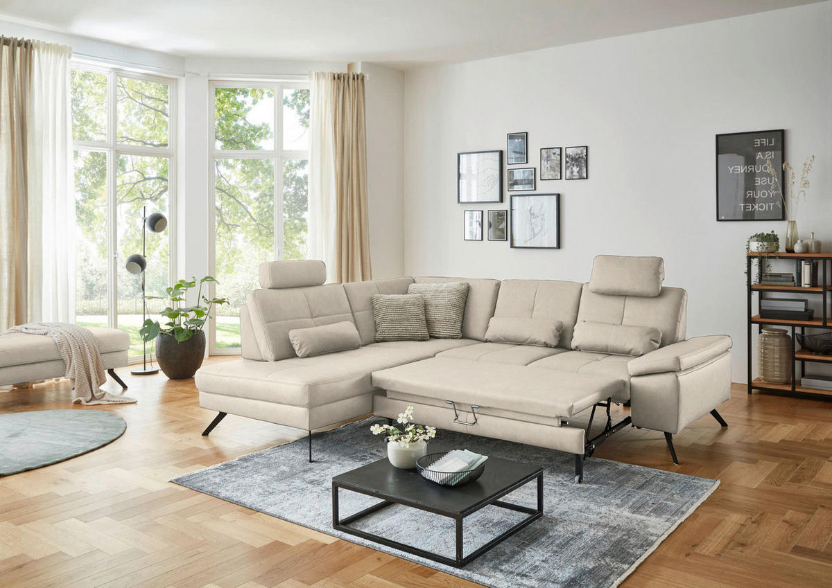 ECKSOFA in Lederlook, Mikrofaser Creme  - Creme/Schwarz, Design, Textil/Metall (194/261cm) - Beldomo System