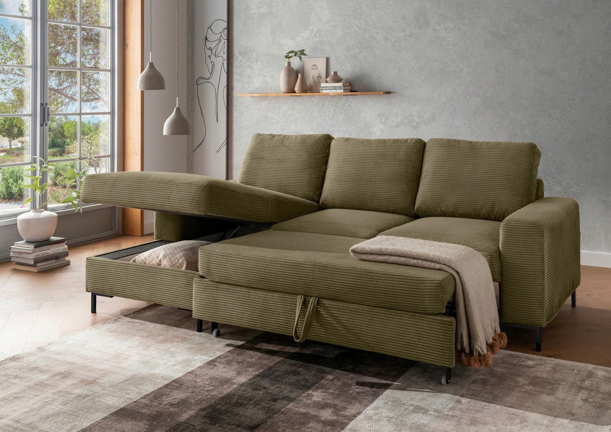 ECKSCHLAFSOFA  mit Rücken echt Cord Olivgrün  - Schwarz/Olivgrün, KONVENTIONELL, Textil/Metall (143/237cm) - Livetastic