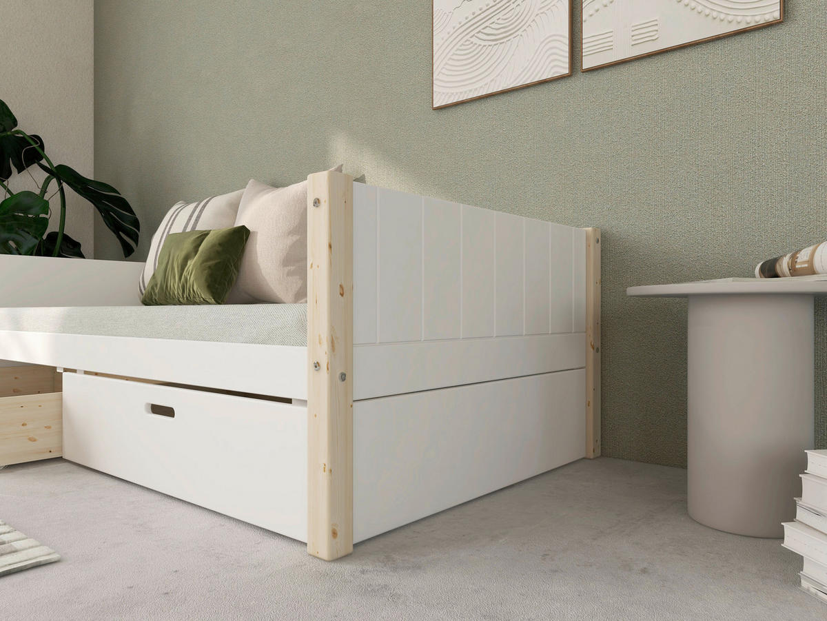 BETT in Weiß, Kieferfarben  - Weiß/Kieferfarben, MODERN, Holz (90/200cm) - Chameo
