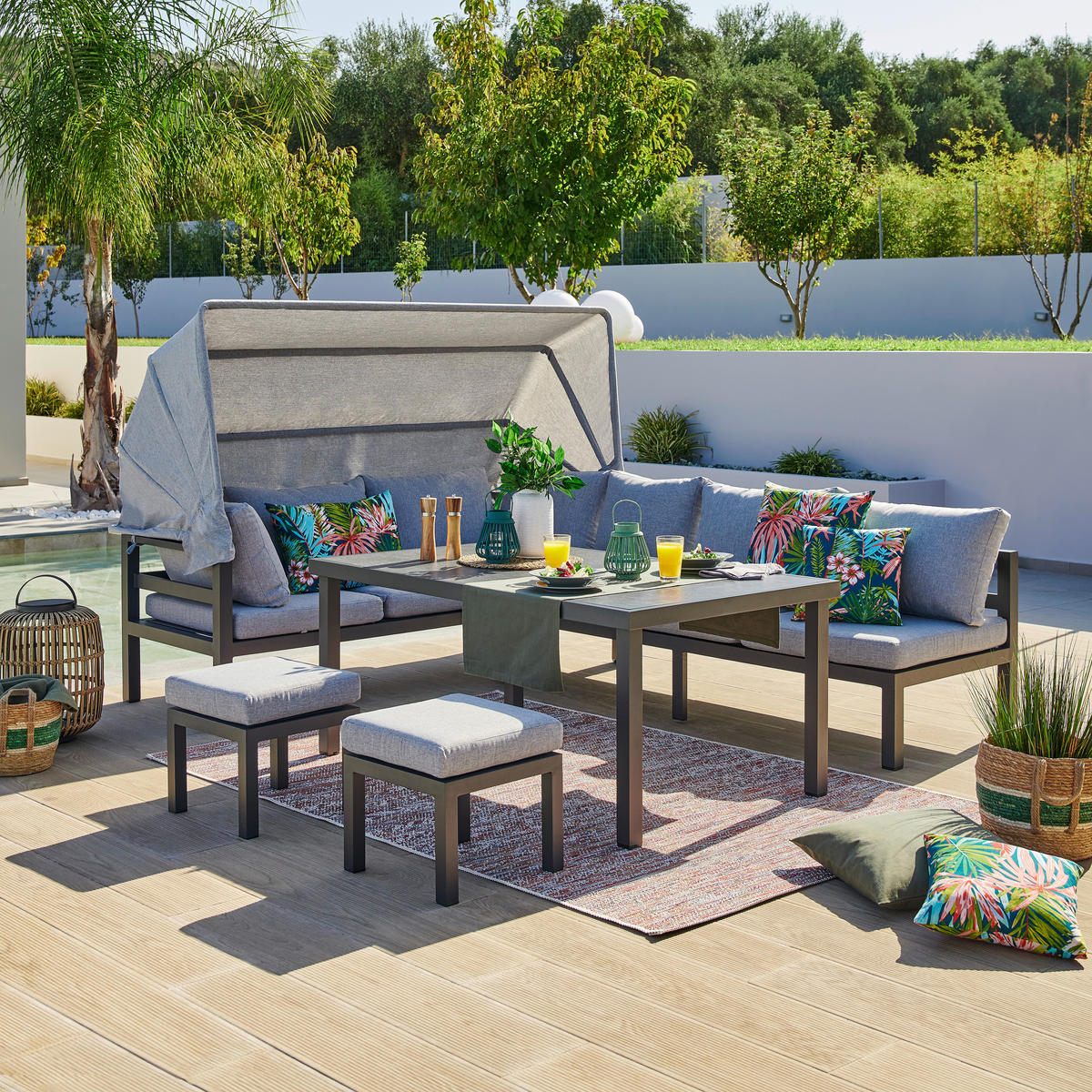LOUNGEGARNITUR 200/260 cm Aluminium  - Dunkelgrau/Anthrazit, Design, Glas/Textil (200/260cm) - Amatio